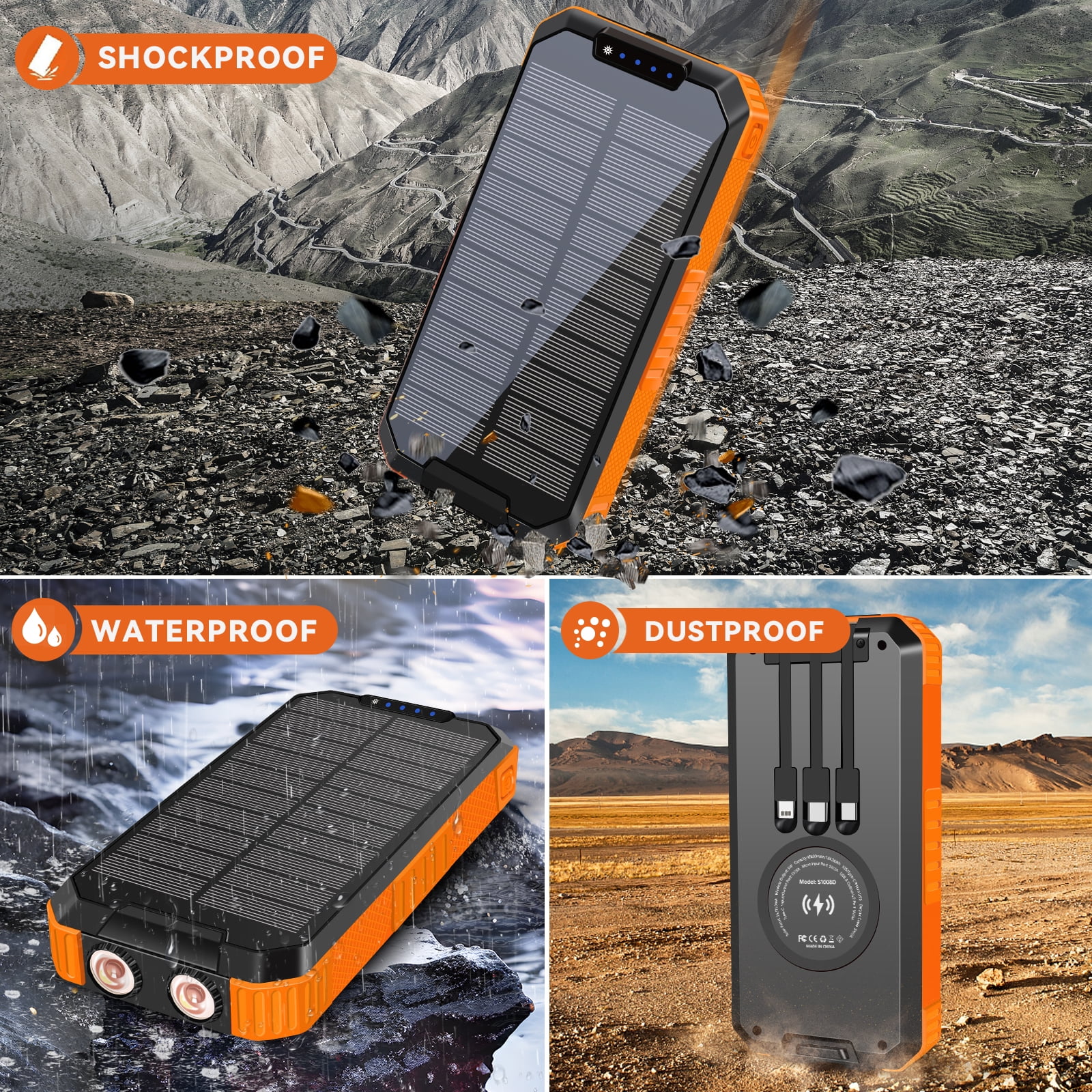 Yelomin 49800mAh Solar Power Bank Portable Wireless Charger with Built-in Cables and Flashlight (Orange) oaeoc