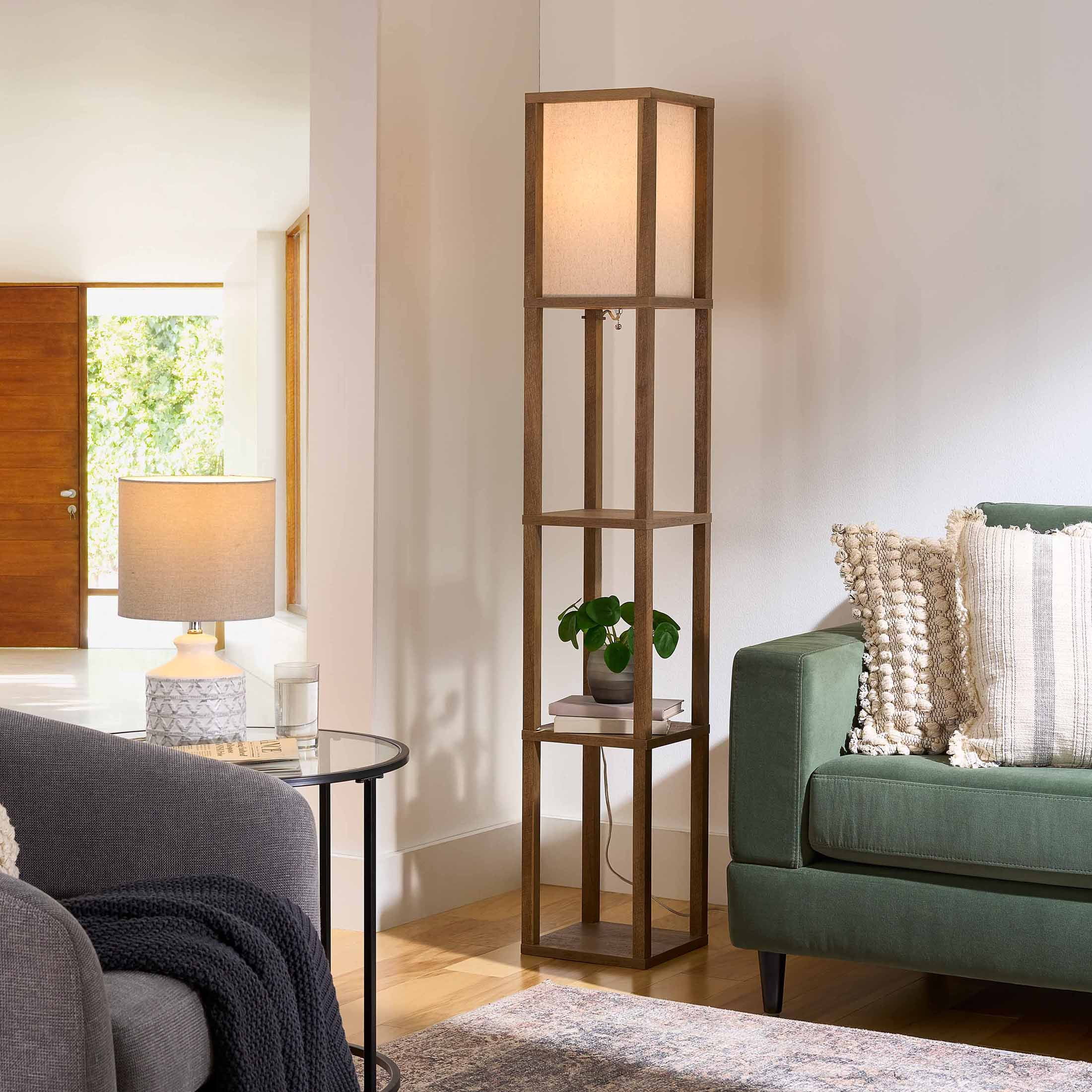 Better Homes & Gardens Modern Floor Lamp with Storage Shelves and Natural Square Shade (Weathered Finish, 62.25 in) esn66
