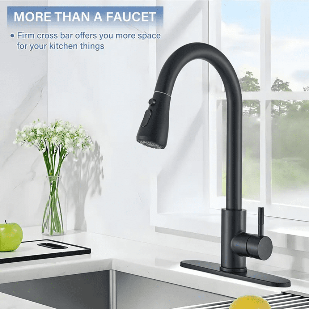 Senlesen High Arc Pull Down Kitchen Faucet with Sprayer and Deck Plate (Matte Black, 15.7 in) v1rit
