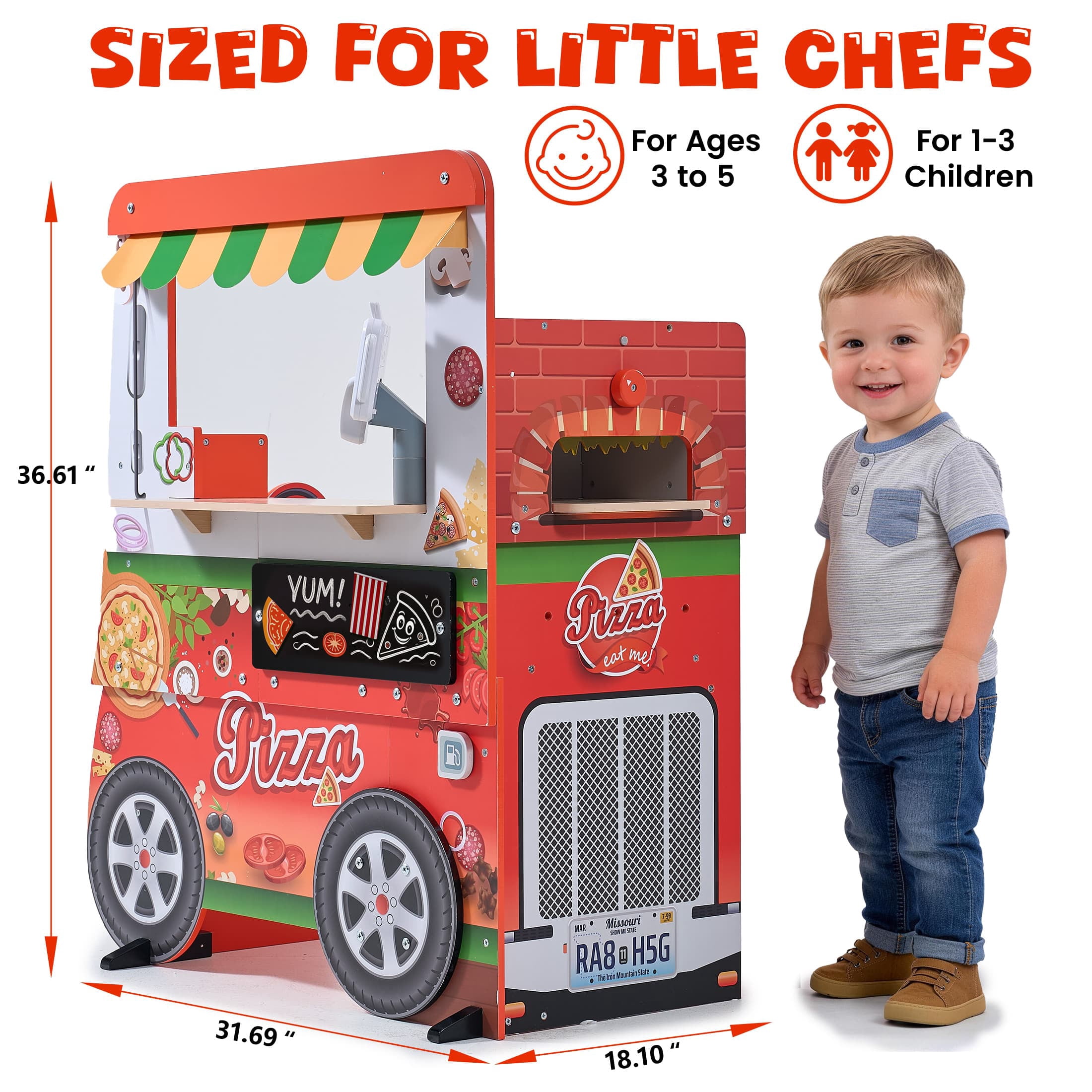iYofe Wooden Food Truck Play Kitchen Set with Interactive Light and Sound (Red, 31.69 in x 18.1 in x 36.61 in) ilptb