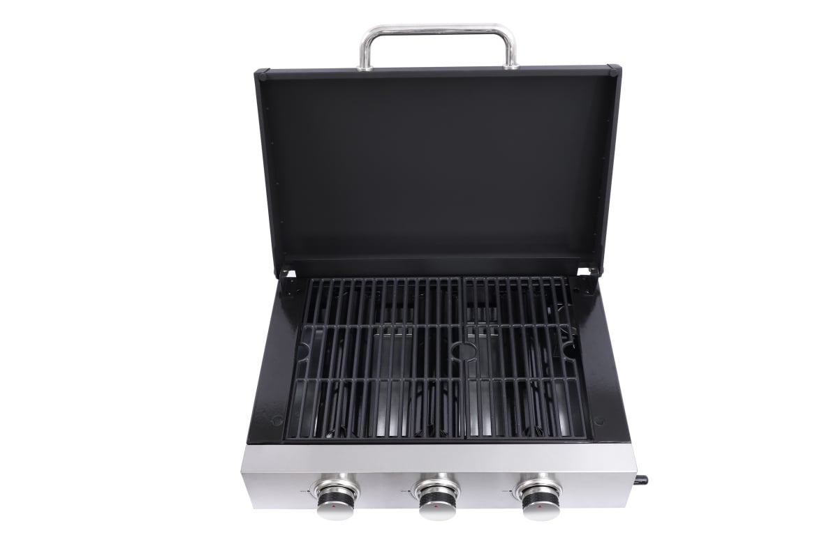 GORTES 3-Burner Gas Grill, Stainless Steel Outdoor BBQ with Teppanyaki Plate and Cast Iron Grates (Silver, 391 sq. in.) 3i5t0