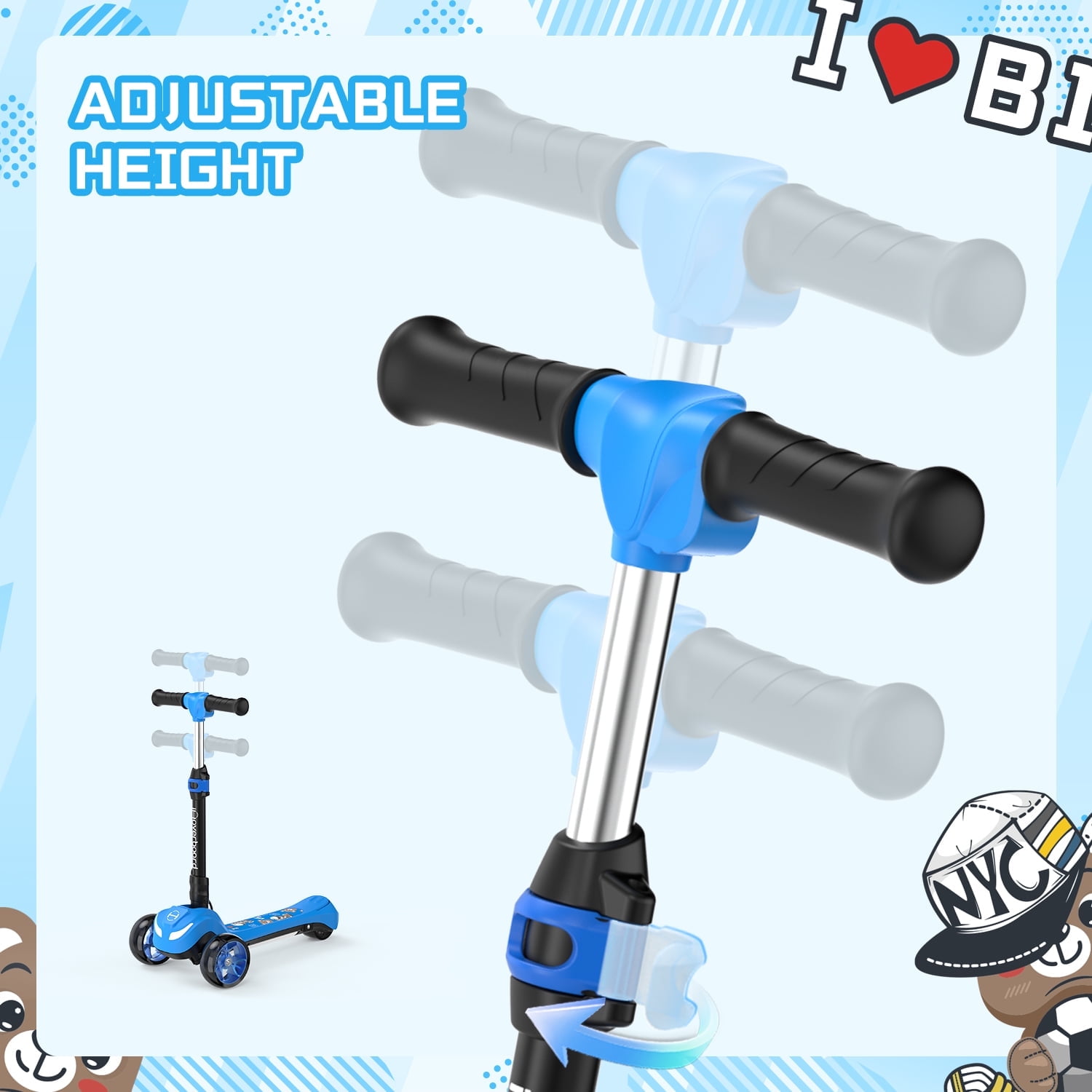 Rolldustry Electric Scooter for Kids, Foldable 3-Wheel Ride-On with LED Lights and Adjustable Handlebar (Blue, 110 lb Capacity) ye9w7