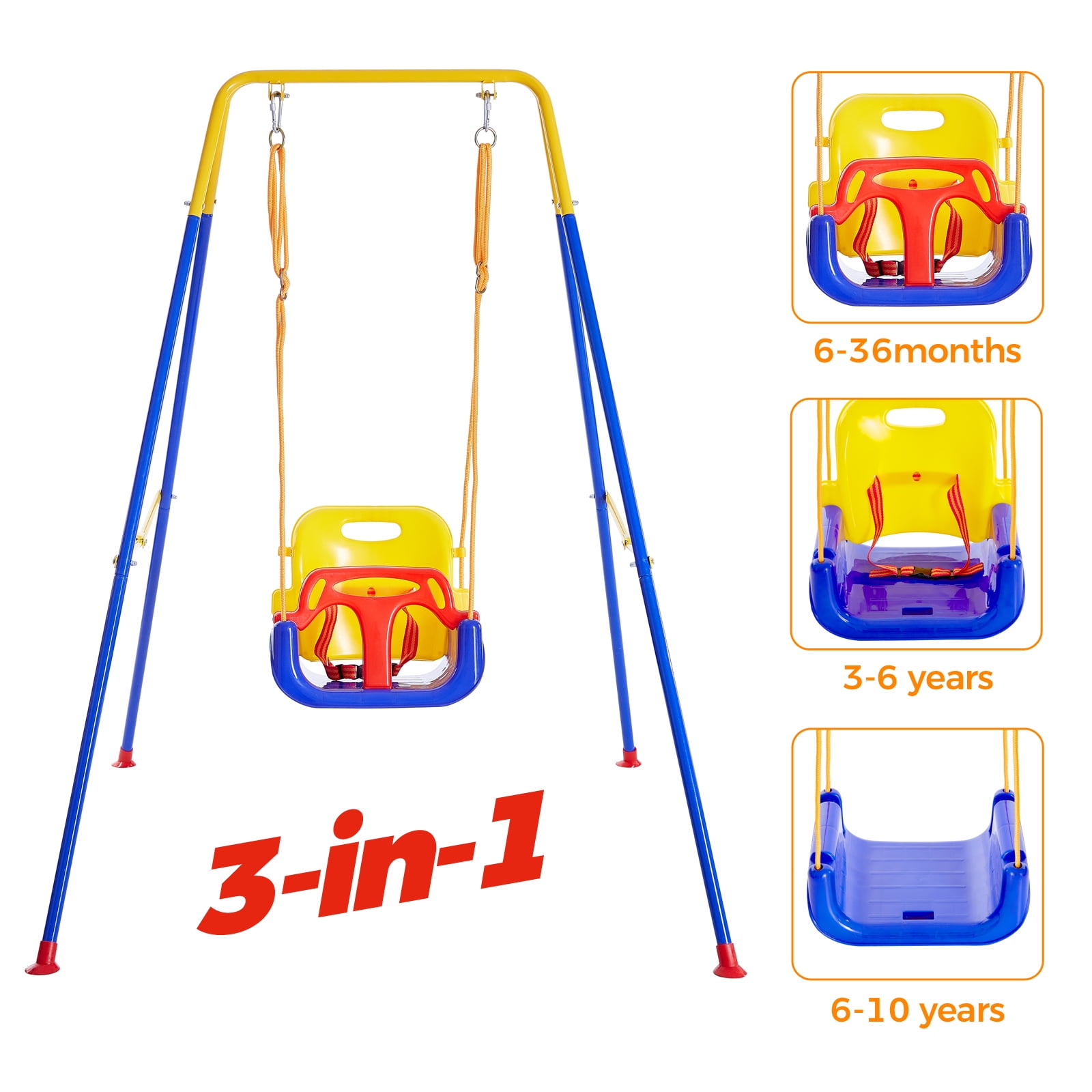 FUNLIO 3-in-1 Toddler Swing Set with Foldable Metal Stand, Indoor/Outdoor Kids Playground Equipment with 4 Sandbags (49 in Rope) u4vi6