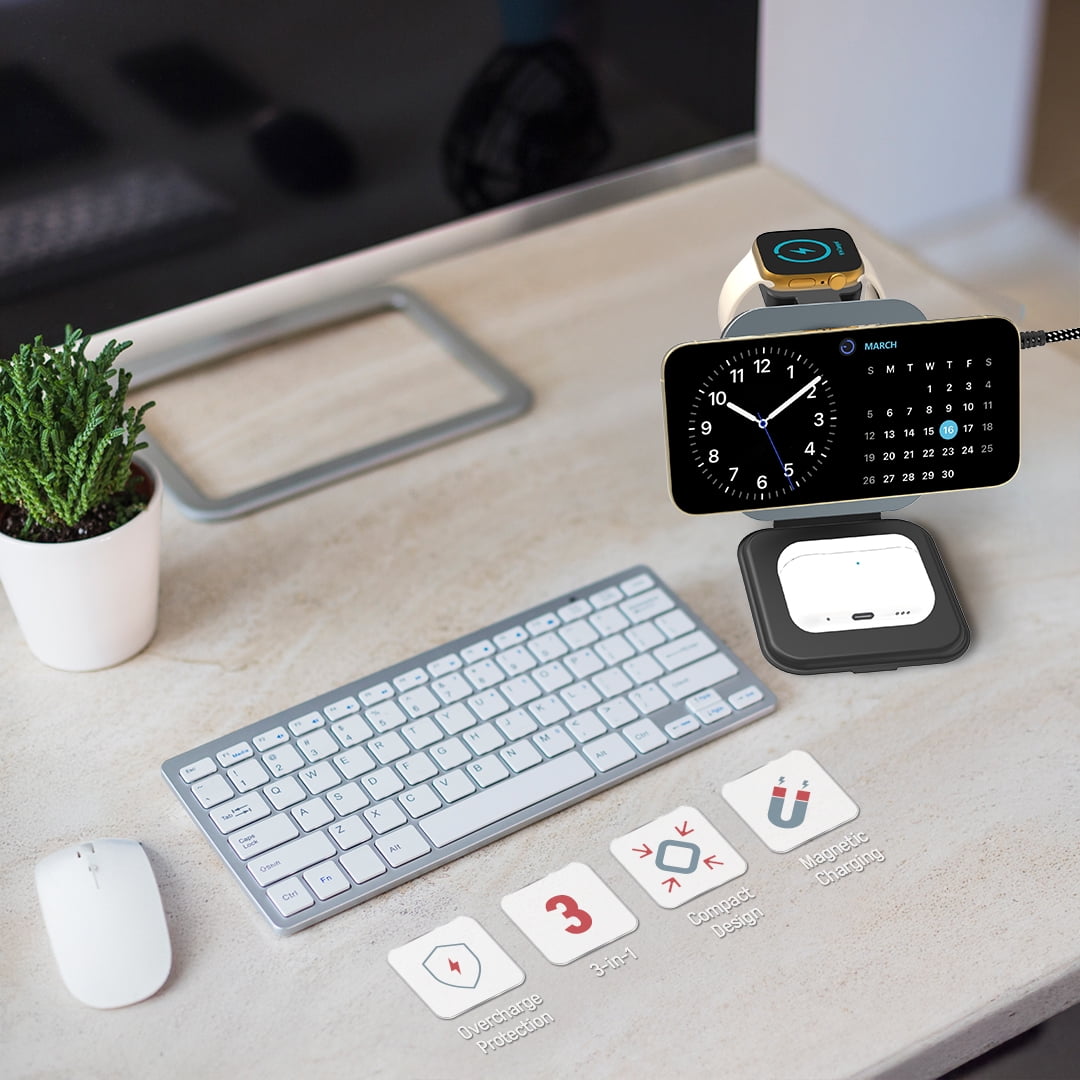 BLUESTONE 3-in-1 Magnetic Wireless Charging Station for Smartphone Apple Watch and AirPods (Grey, 1 Pack) uorcu