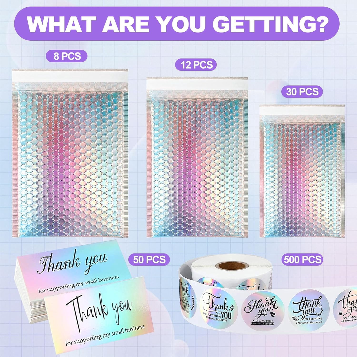 Jutoe Metallic Bubble Mailers, Holographic Padded Shipping Envelopes with Thank You Cards and Stickers (Silver, 50 Pack) g12ab