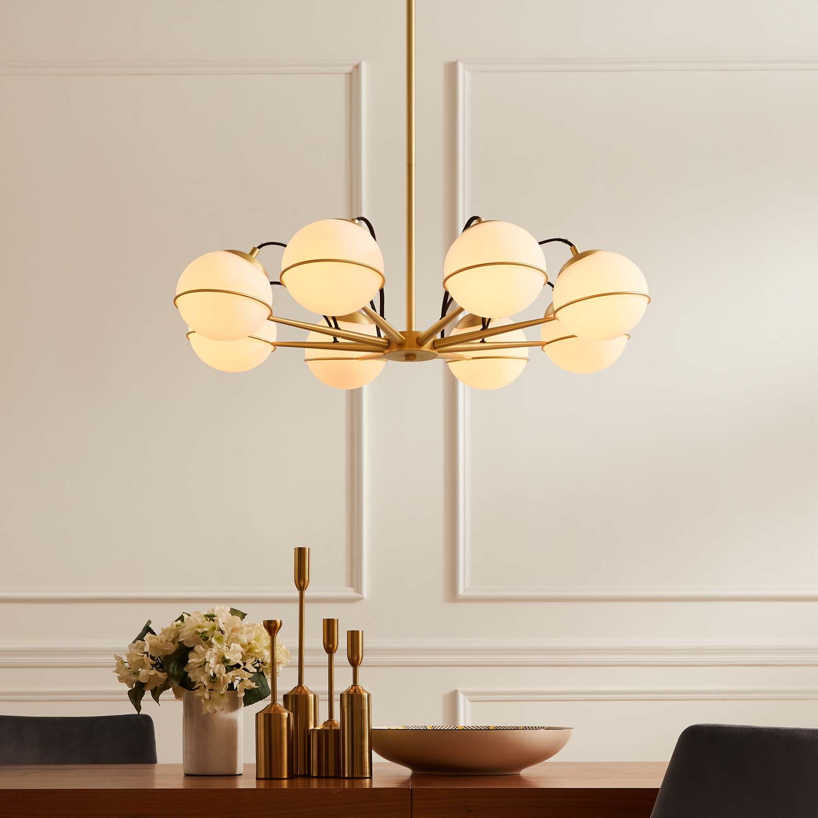 Modway Hanna 8-Light Chandelier Mid-Century Modern Ceiling Fixture (Opal Gold, 31.5 in) 646kk