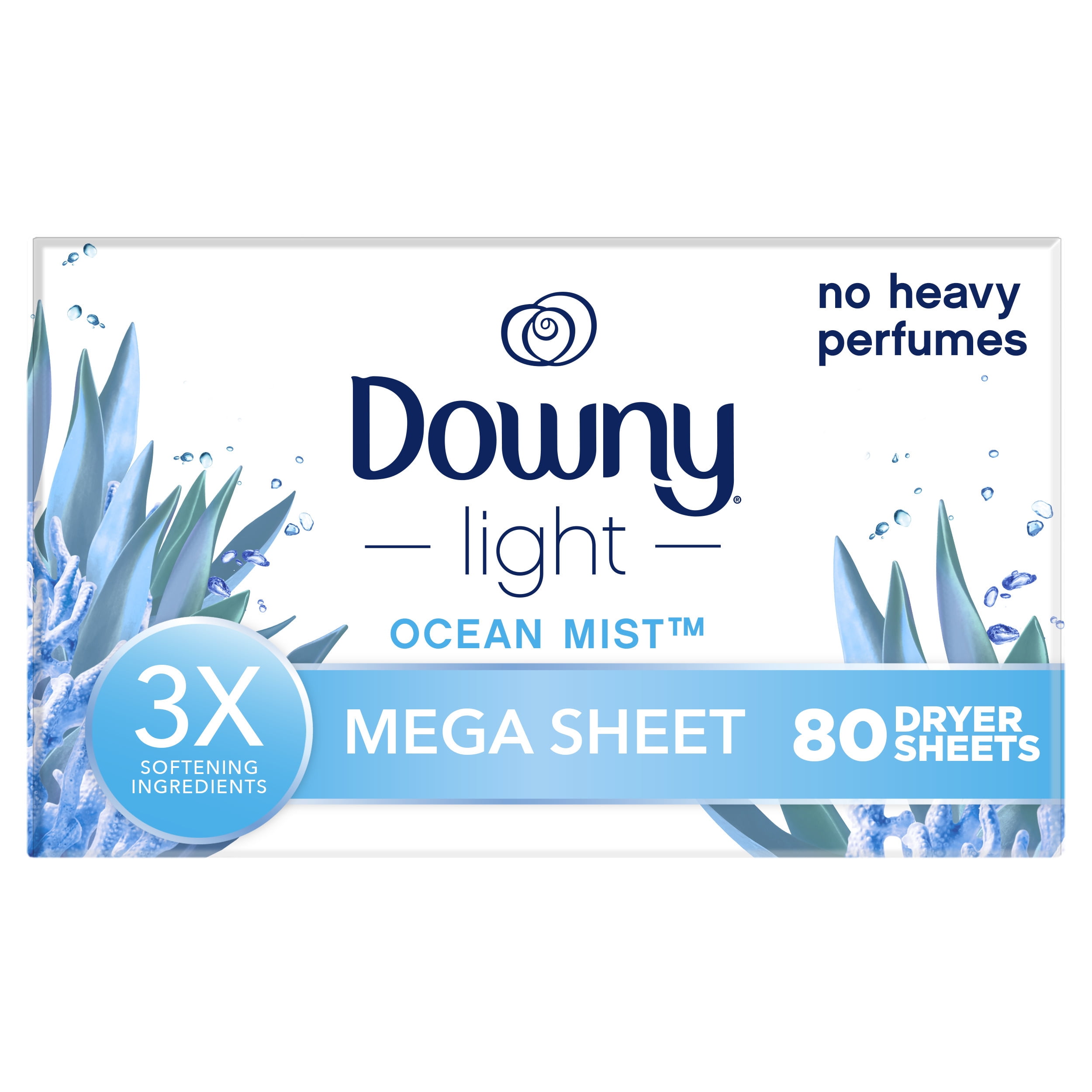 Downy Light Mega Dryer Sheets, Ocean Mist, Fabric Softener with Anti-Static and Wrinkle Reduction (80 Count) 08u33
