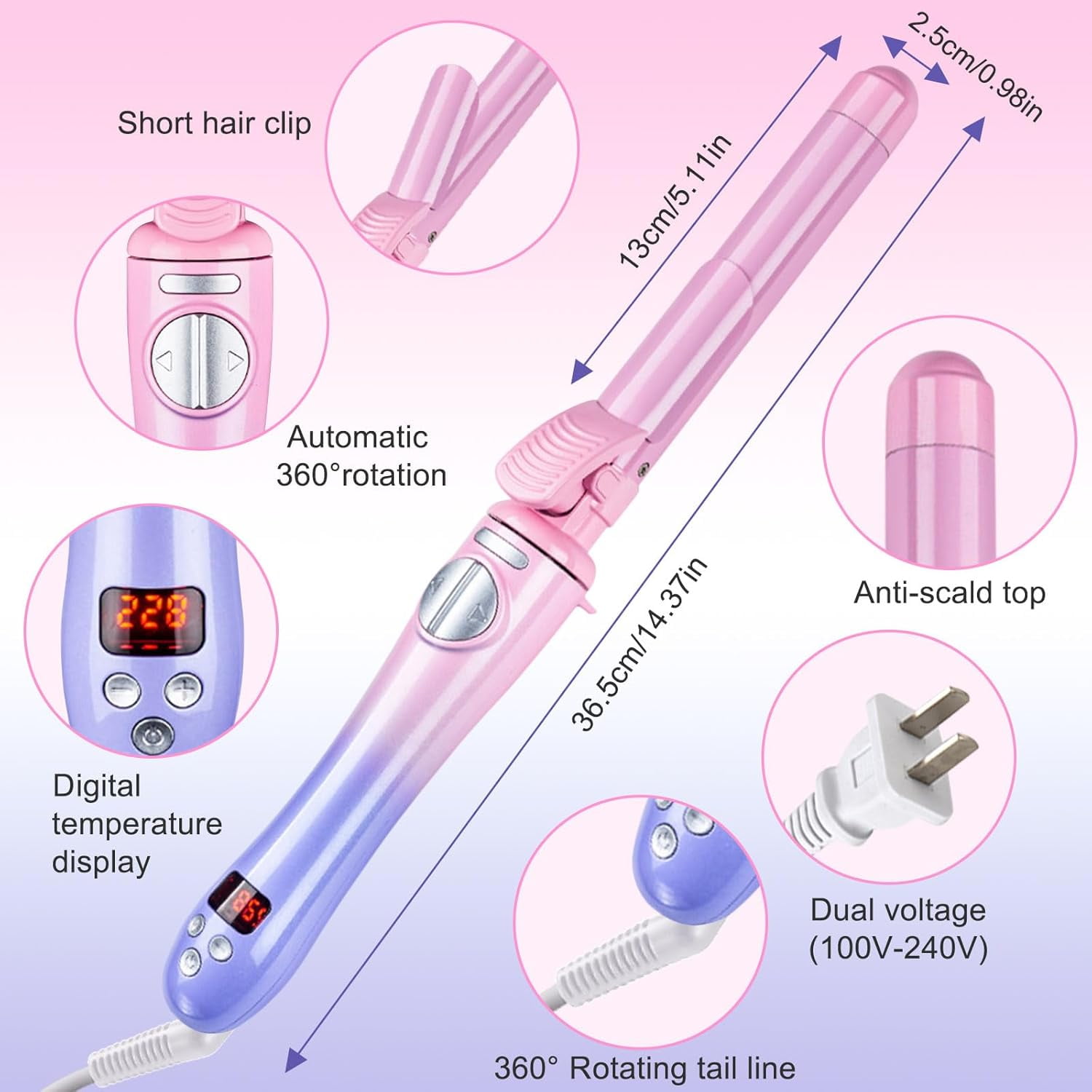 Generic Automatic Curling Iron Ceramic Hair Styler with Temperature Display (Pink, 5.1 in) o11n6
