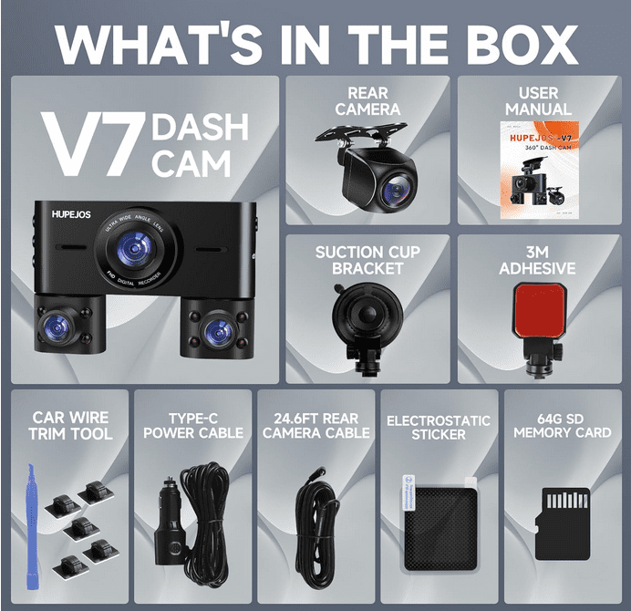 HUPEJOS 4-Channel Dash Cam 360° Car Camera System with 64GB Card, Voice Control, 2K Front & 1080P Interior/Rear Recording, WiFi & Night Vision (Black, 3.16 in Screen) x84ca