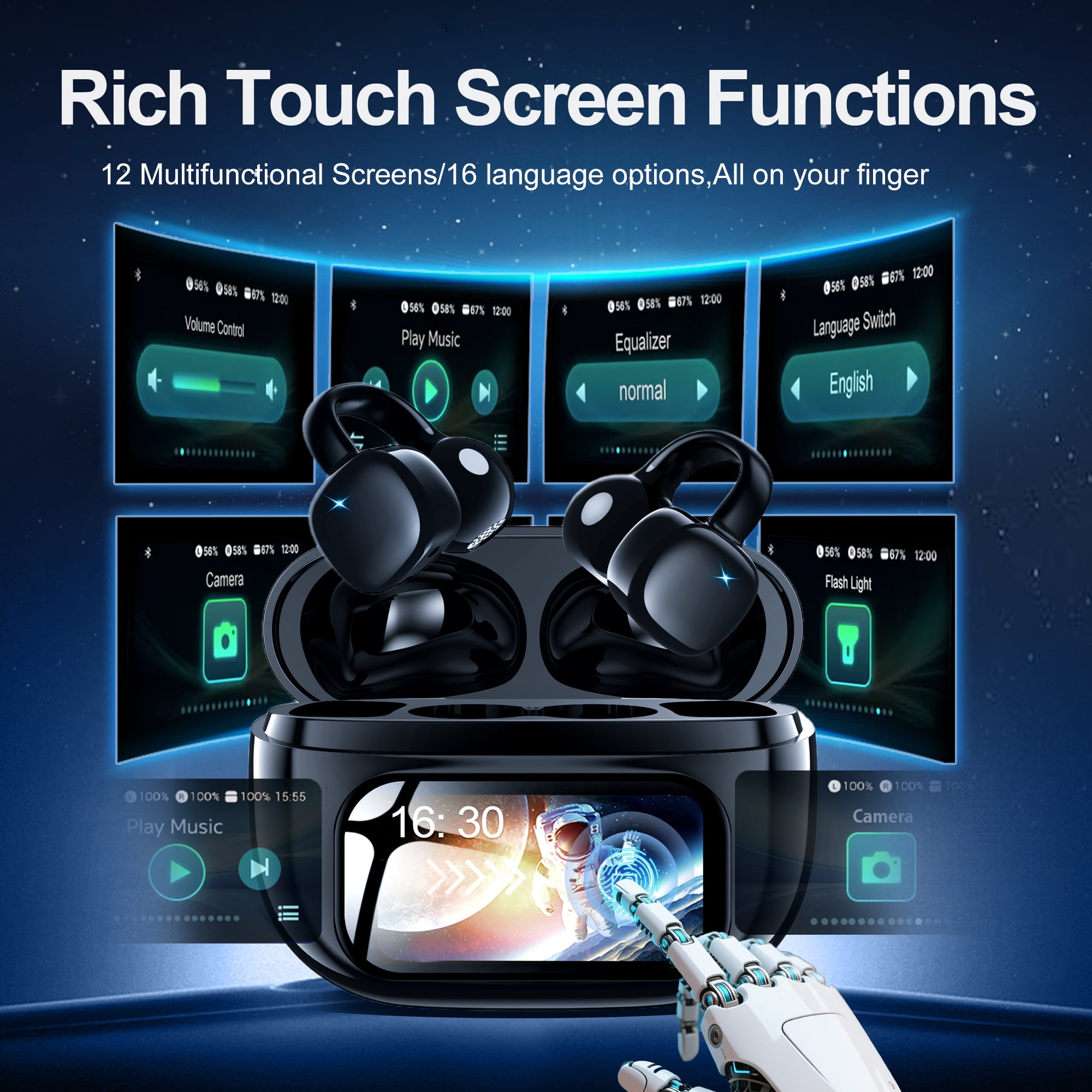 Breezio Open-Ear Wireless Earbuds with Smart Touchscreen Charging Case (Black) kp5sy