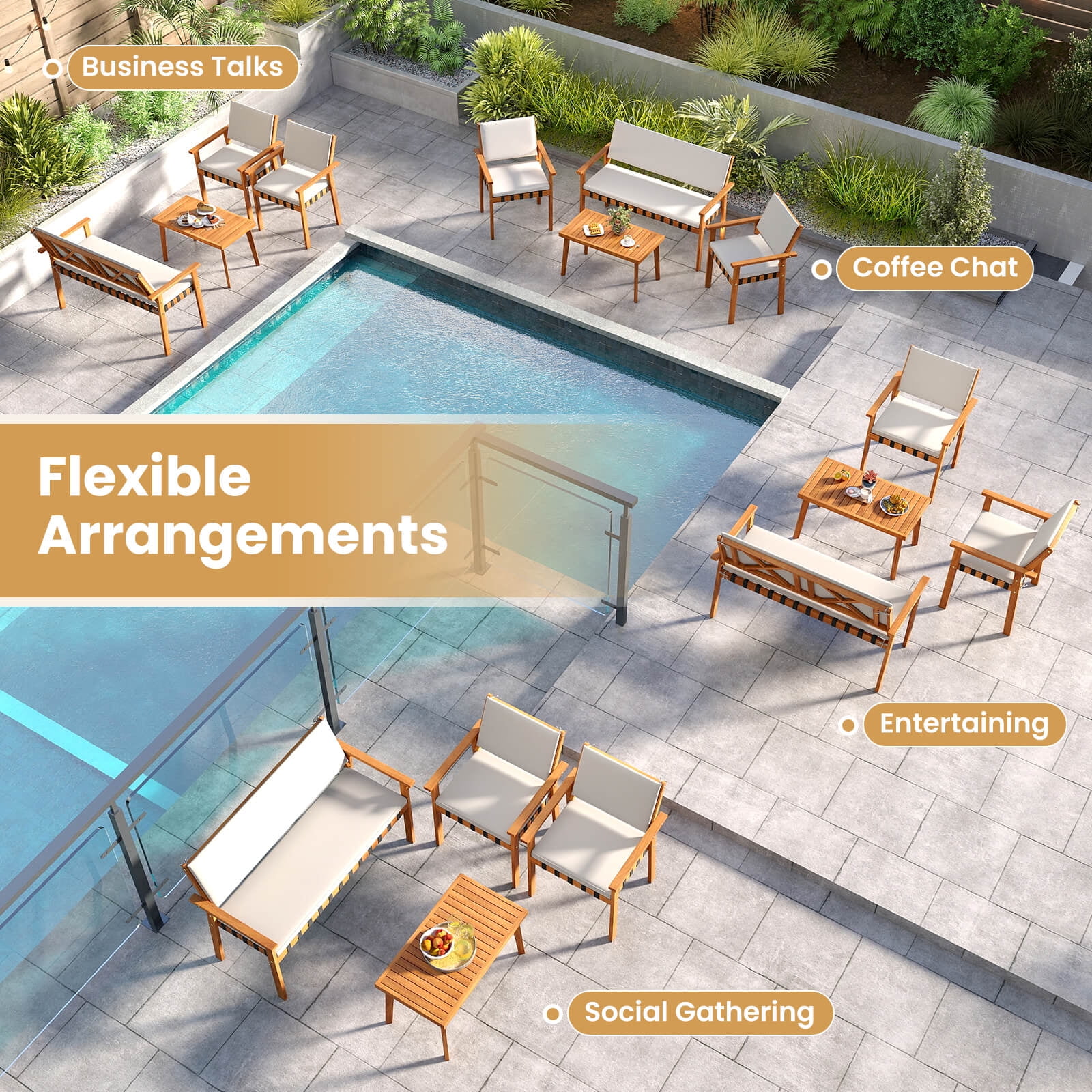 Costway 8-Piece Acacia Wood Patio Furniture Set with Coffee Table and Cushions (White, 8-Piece Set) toyzr