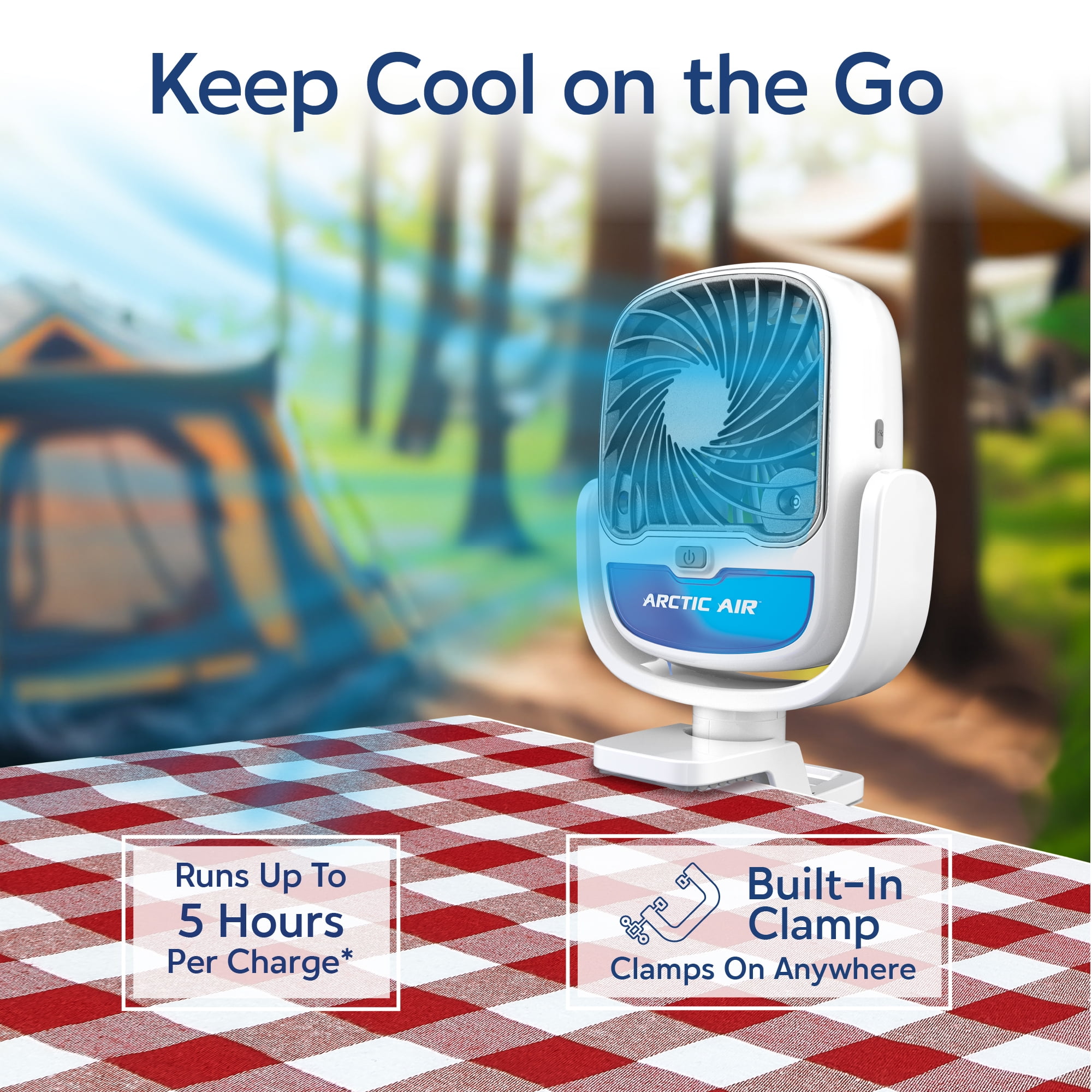 Arctic Air Grip Go Portable Evaporative Air Cooler, Rechargeable Personal Cooling Fan (White, 2.5 in Clamp) 1soy6