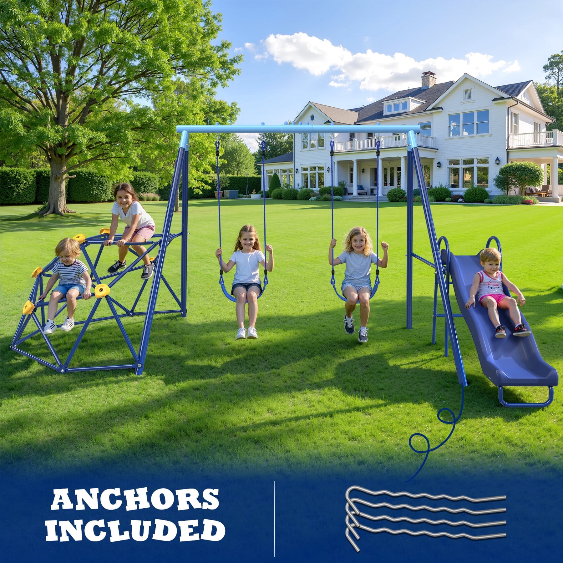 SMkidsport Metal Swing Set with Slide and 6ft Climbing Dome (Blue, 500 lb Capacity) zyj0v