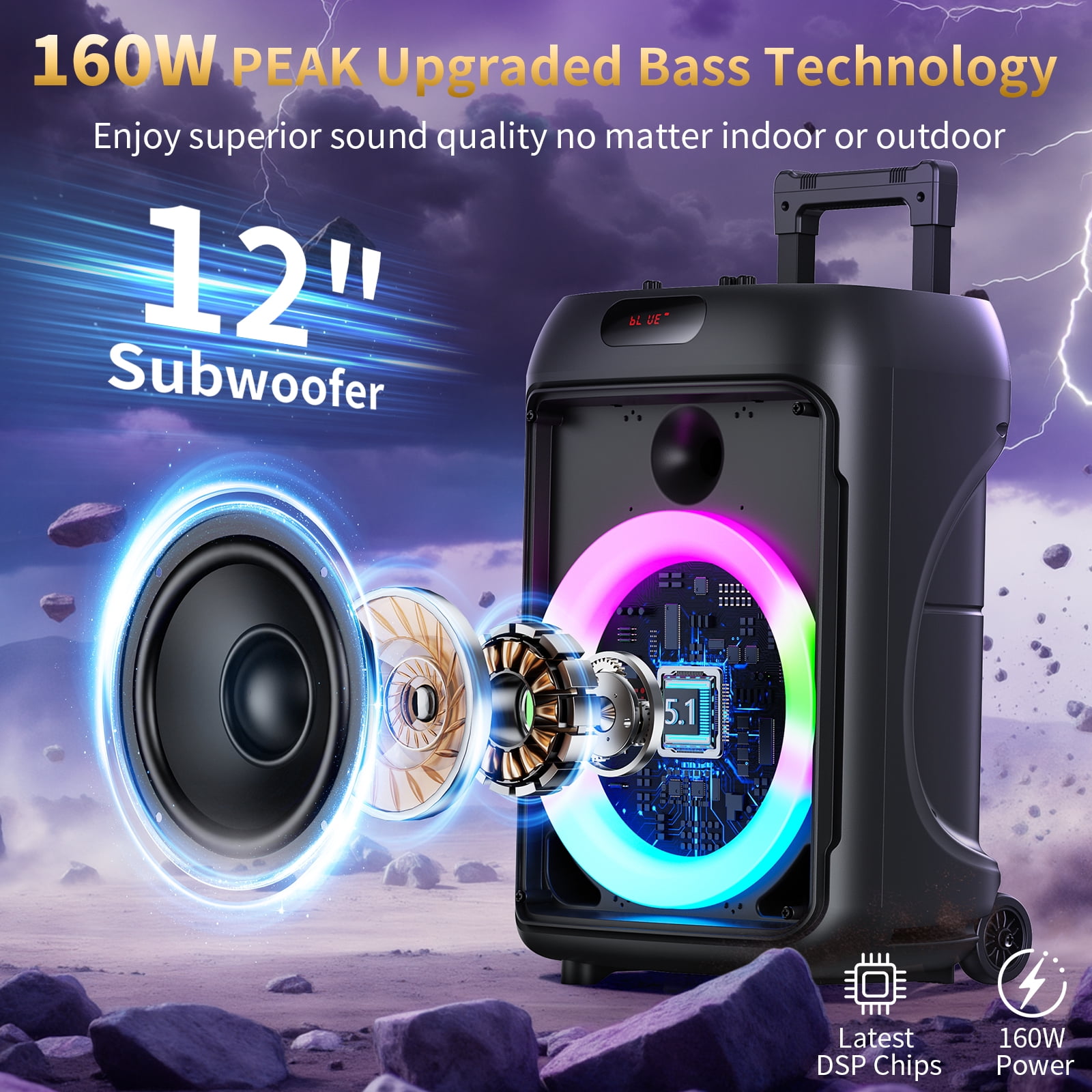JYX Portable Party Speaker, 120W Wireless Bluetooth Speaker with Dual Subwoofers, Karaoke System with 2 Microphones and Wheels (Black) 9r5hu