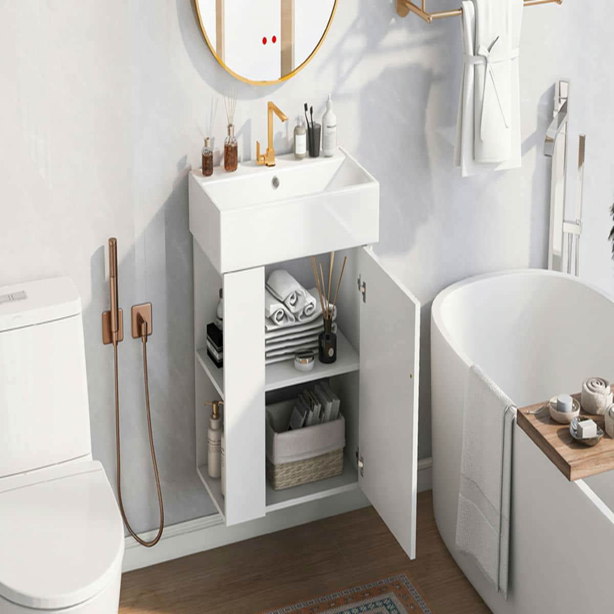 Kadyn Wall-Mount Bathroom Vanity, Modern Floating Vanity with Ceramic Basin and Left Side Storage (White, 21.6 in) 71b1h