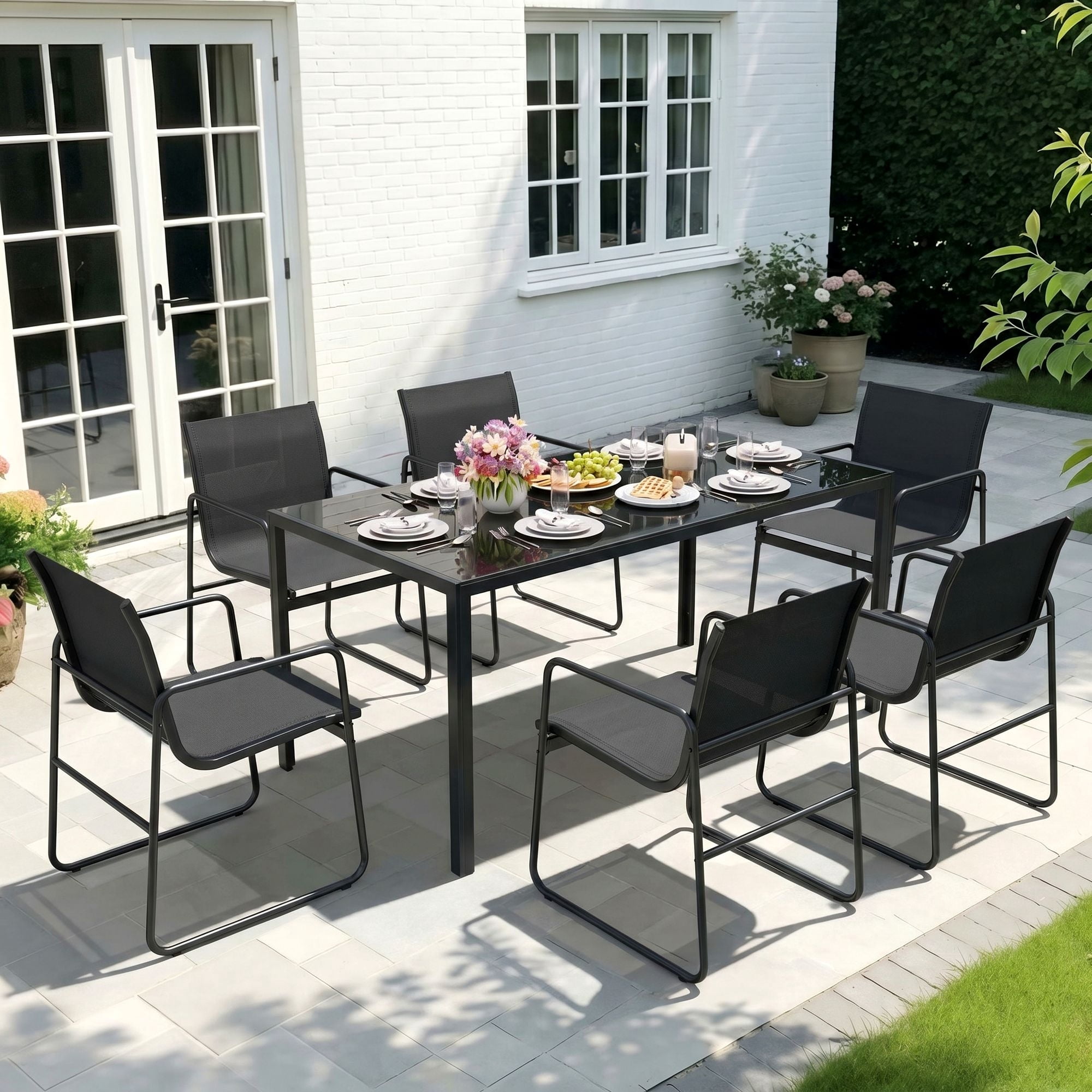 Vitarpatio 7-Piece Outdoor Patio Dining Set with 6 Textilene Chairs and Glass Table (Black, 7-Piece Set) l57ce