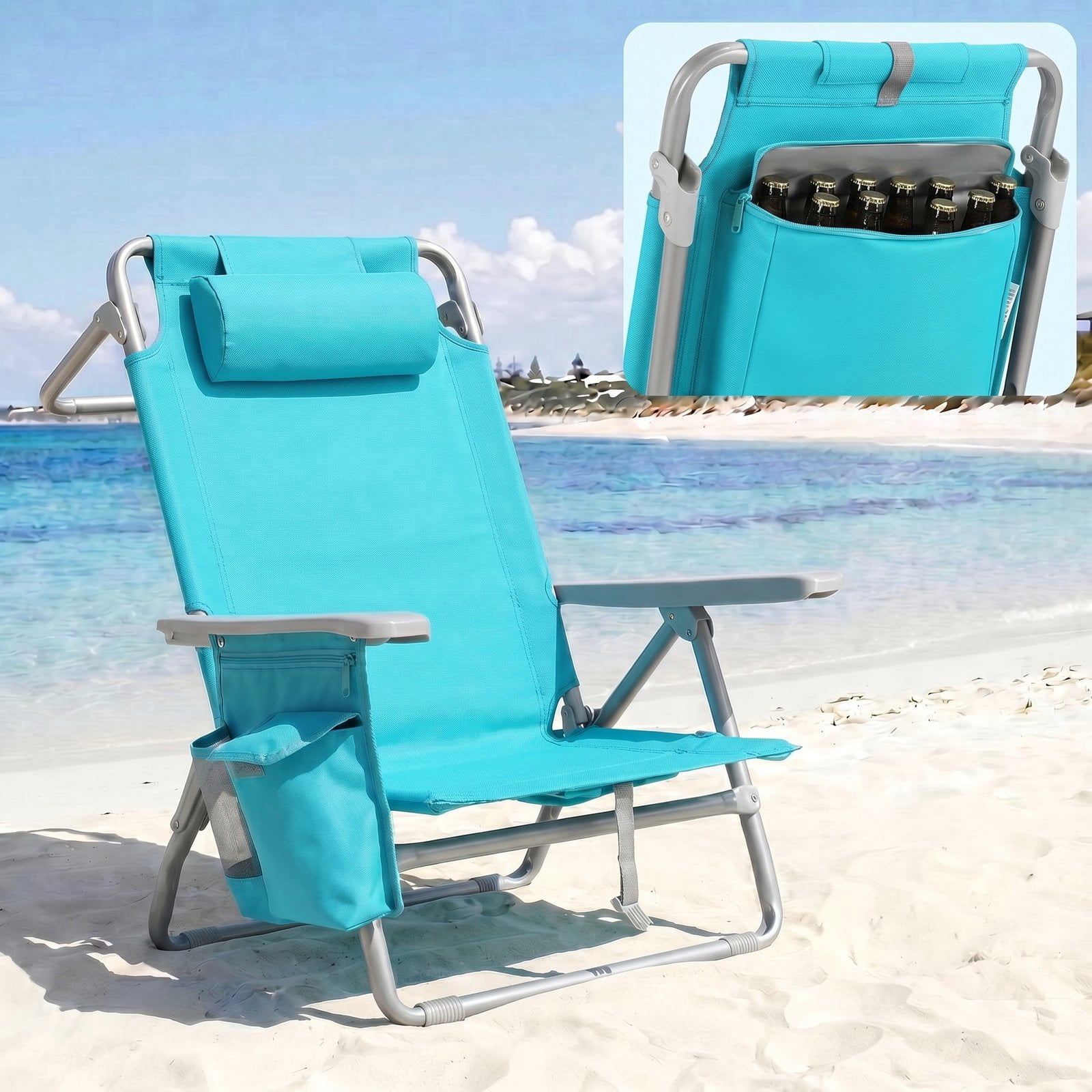 Pirecart Foldable Backpack Beach Chair with 5-Position Recline, Cooler Pouch, and Headrest (Sky Blue, 25 in Wide) 0mr13