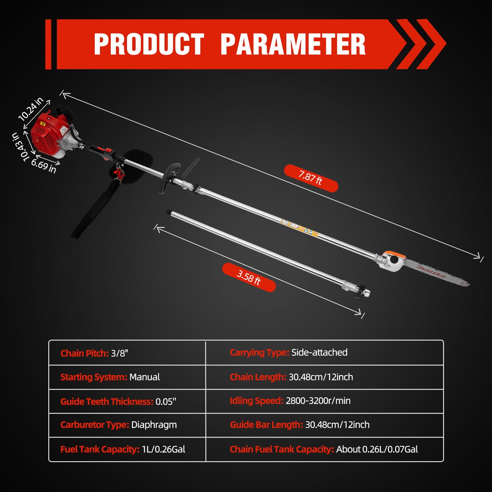 Miumaeov 2-Stroke Pole Chainsaw with Adjustable Handle and 12-in Guide Bar (Silver, 43cc Engine) 9rycl
