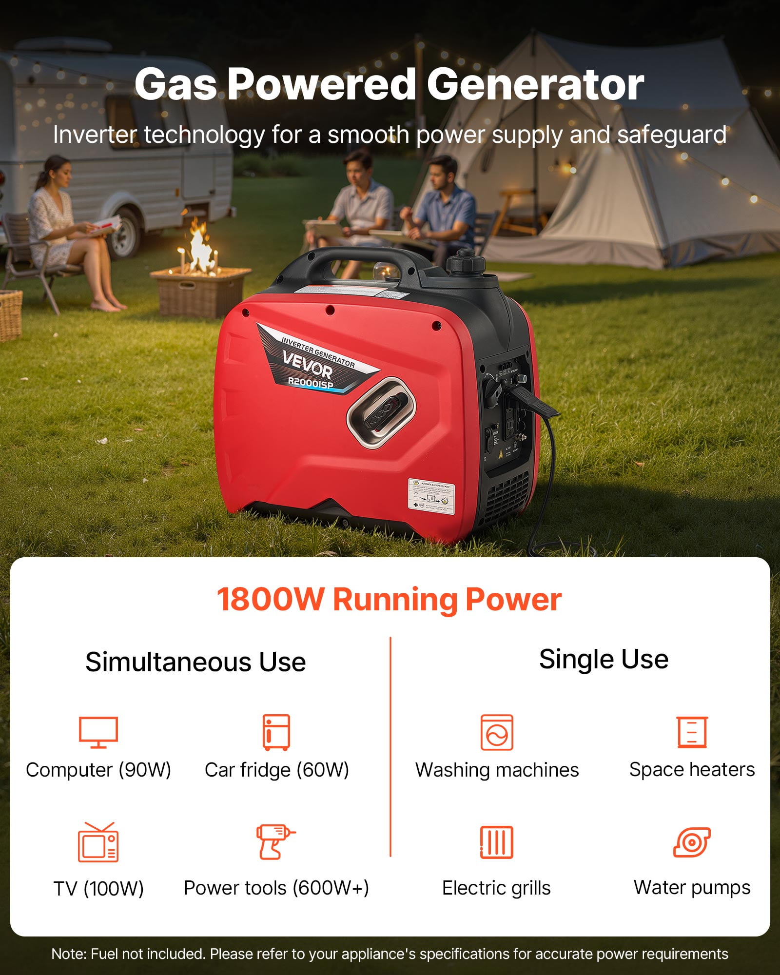 VEVOR Portable Inverter Generator, 2900W Peak Power Gas Powered Quiet Generator for Home and Camping (Orange/Black, 1.1 gal) 8ehr6