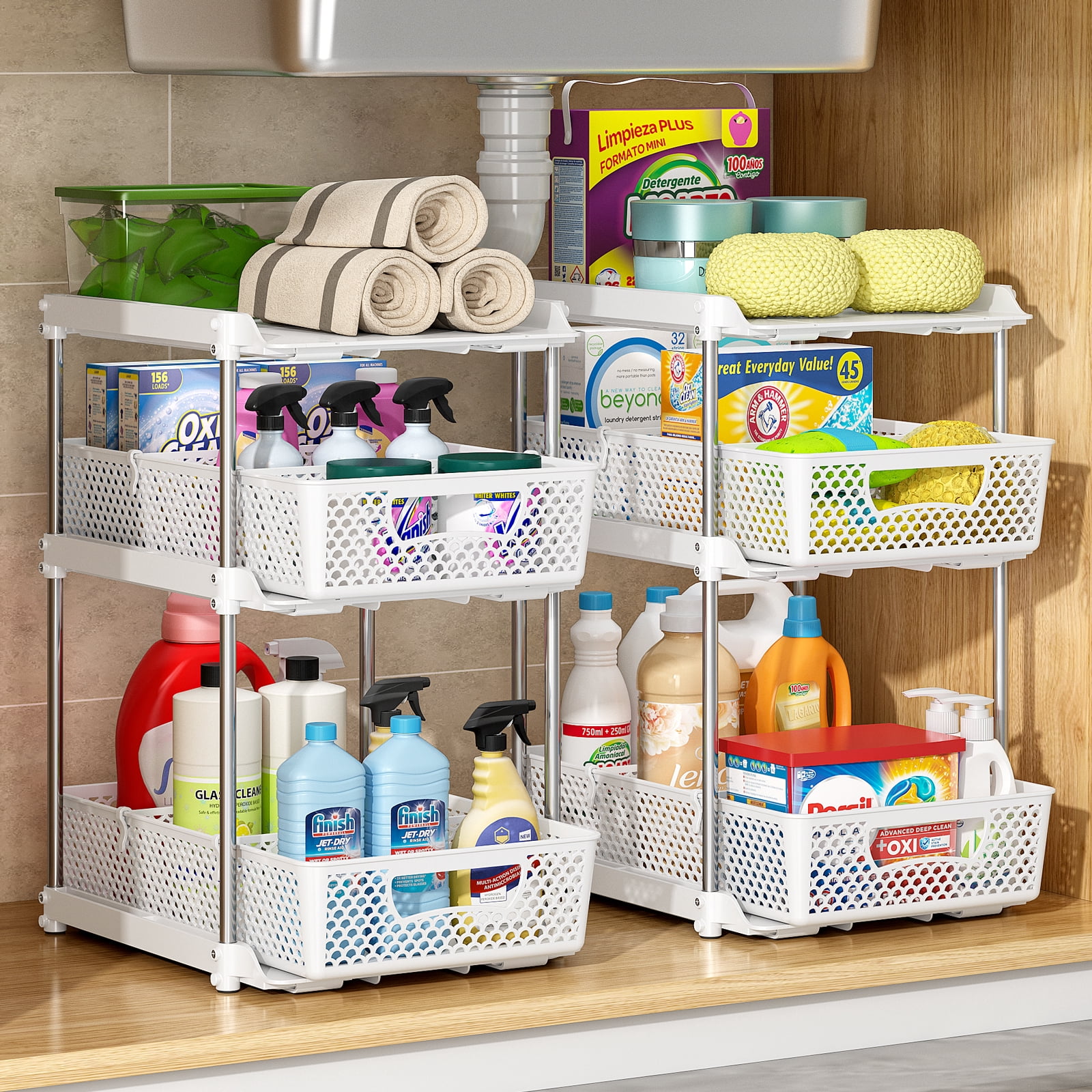 Taimasi 3-Tier Under Sink Organizer and Bathroom Storage Shelf (White, 2 Pack) la2d6