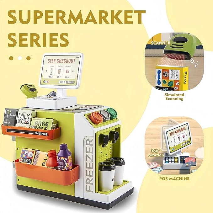 Adofi Cash Register Playset for Kids, Pretend Play Grocery Store Toy with Scanner and Play Food (Green, 46-Piece Set) jy5at