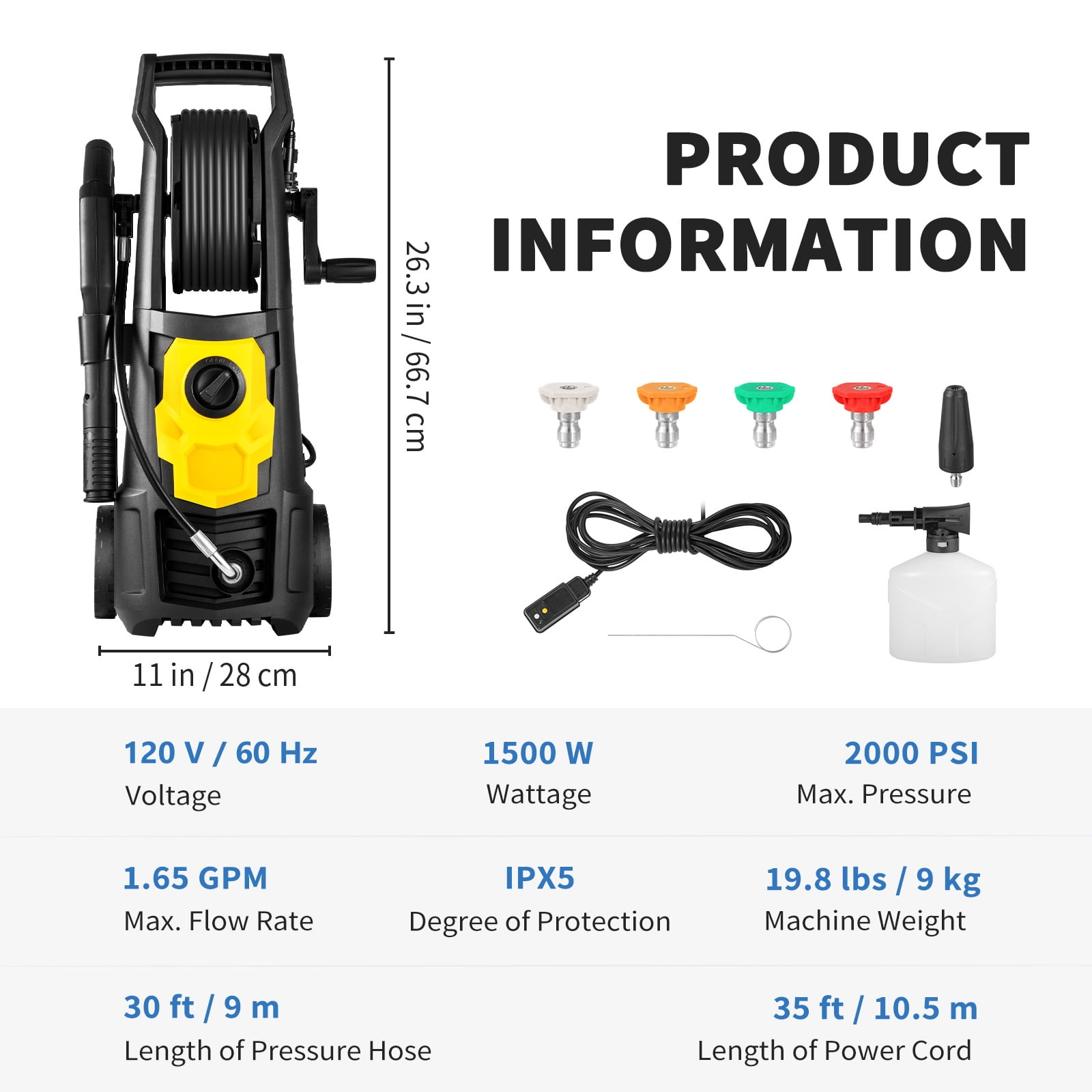BENTISM Electric Pressure Washer, 2000 PSI 1.65 GPM Power Washer with 30 ft Hose Reel and 5 Quick Connect Nozzles (Black) znfxj