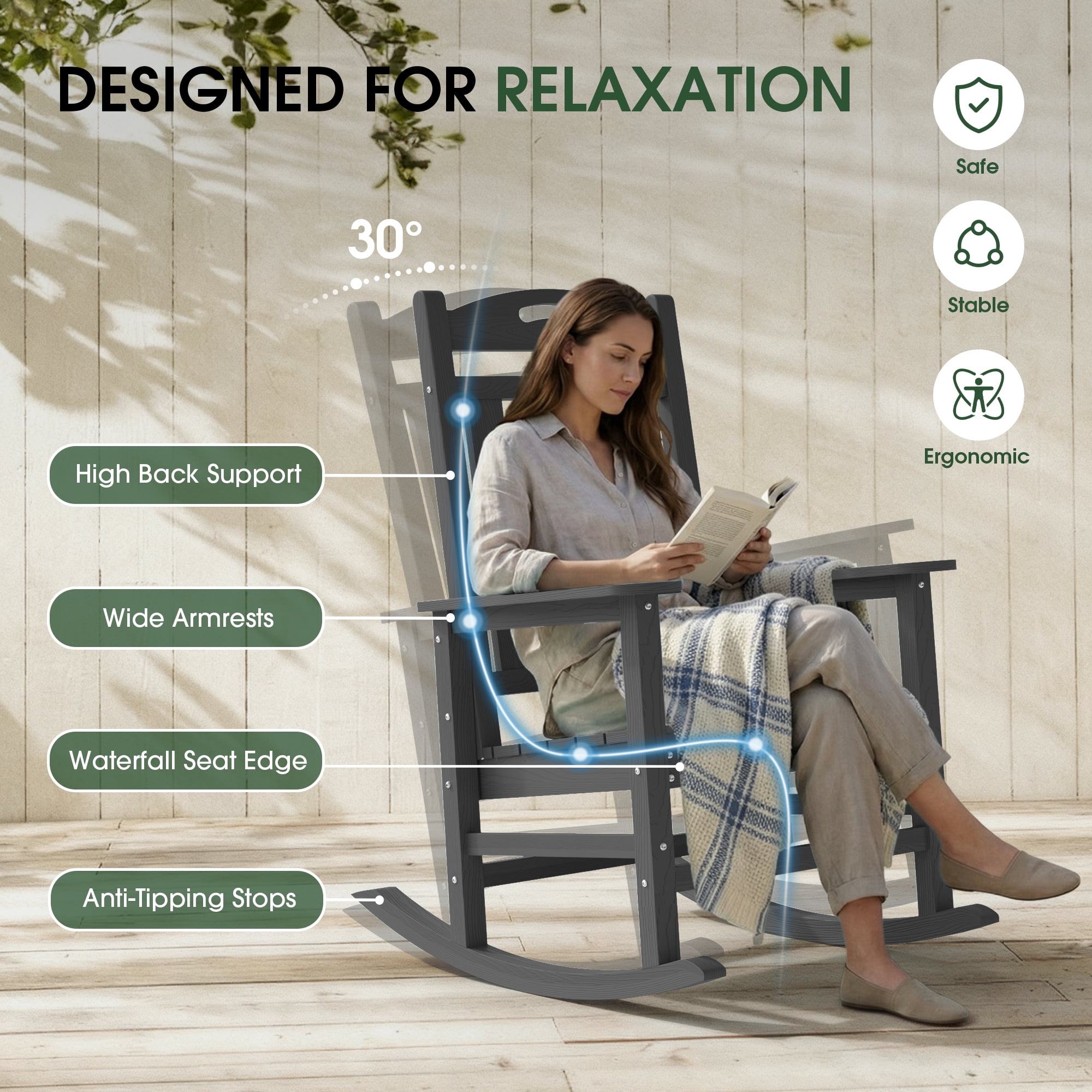 SUUNYN Oversized HDPE Outdoor Rocking Chair, Weather-Resistant High Back Porch Rocker (Dark Gray, 380 lb Capacity) rwdmc