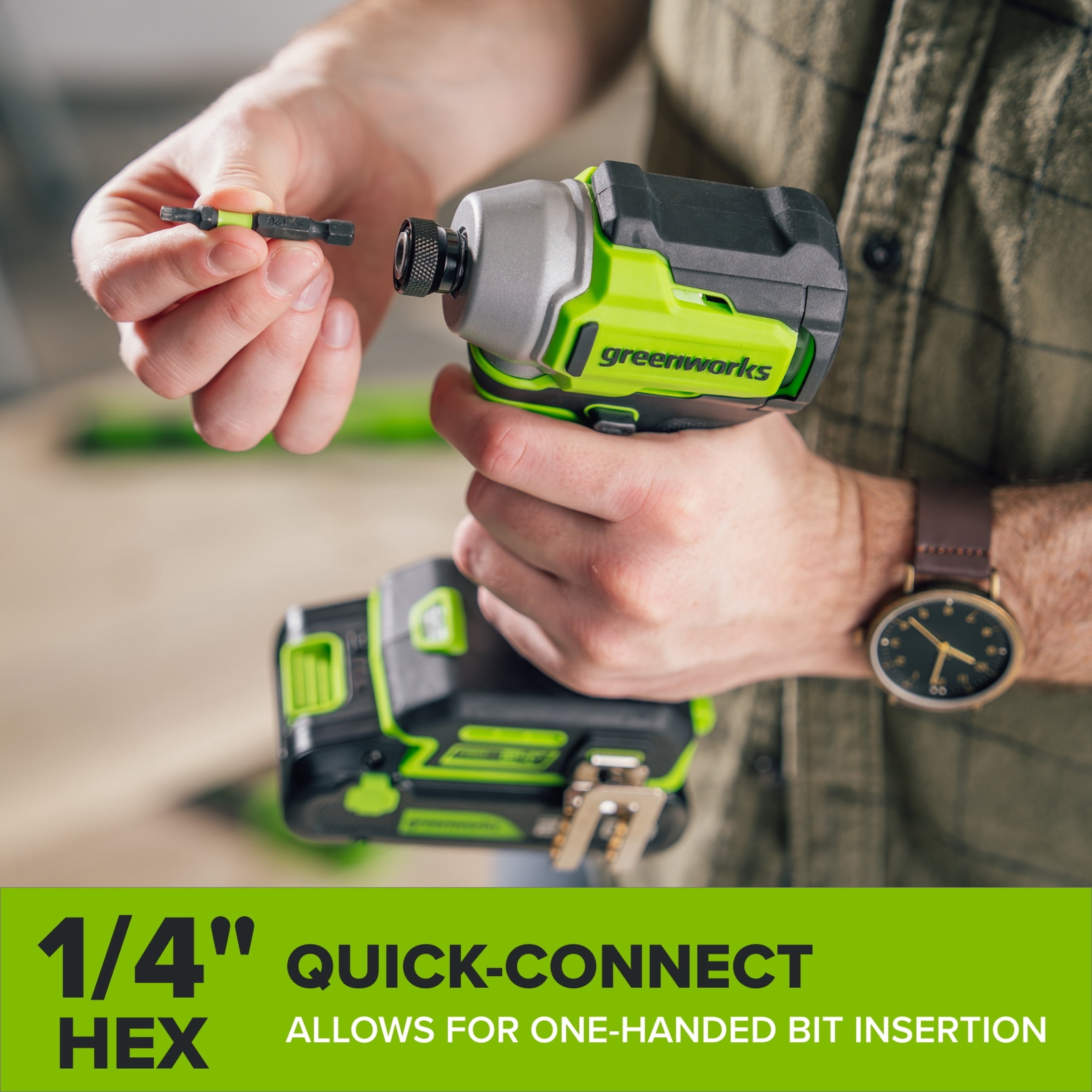 Greenworks PowerAll 24V Brushless Impact Driver Kit with 2.0 Ah USB-C Battery and Charger (Green, 4.7 in) a0xpd