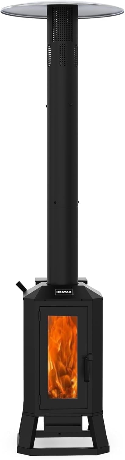 HEATAK Outdoor Wood Pellet Patio Heater, 70,000 BTU Freestanding Backyard Heater (Black, 79.9 in H x 26 in L x 65.5 in W) uzppj