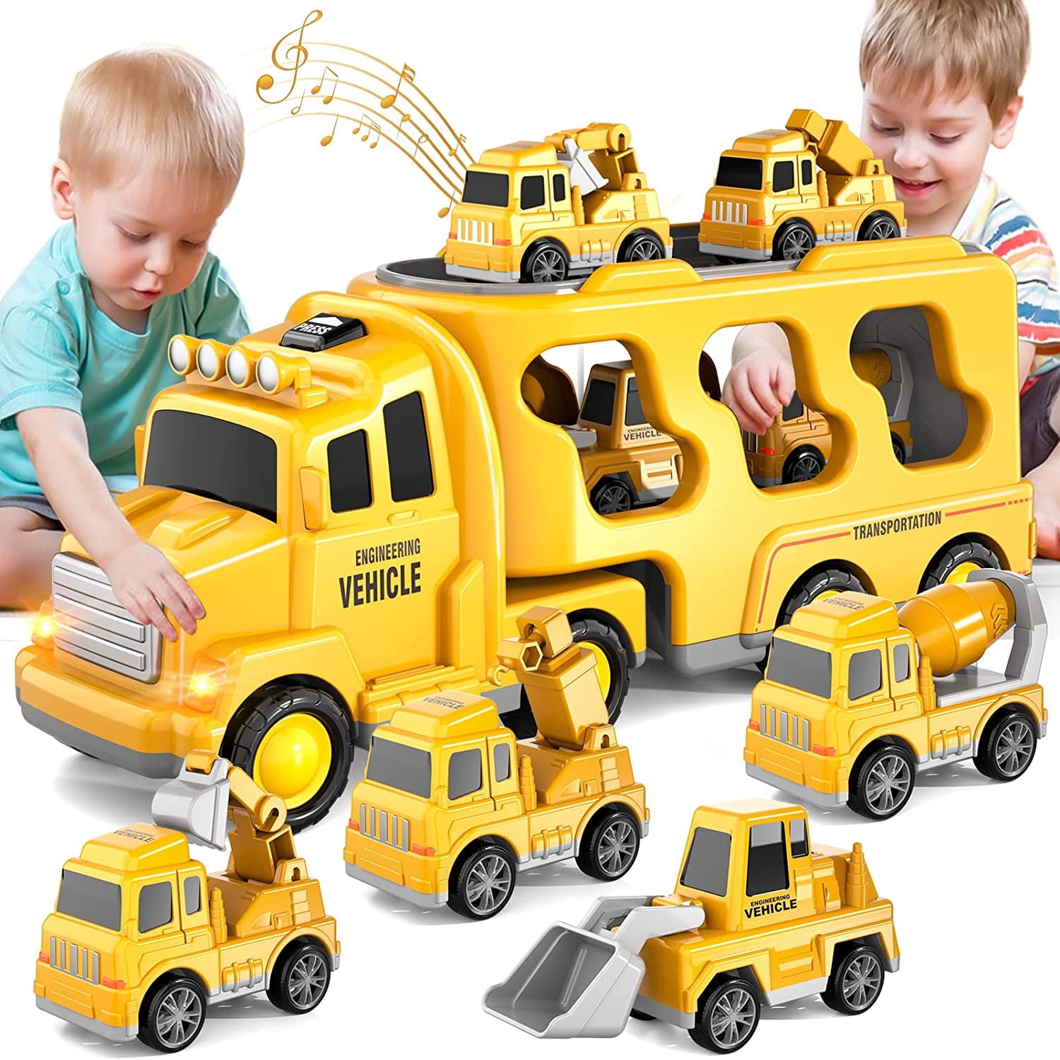 PayUSD 5-in-1 Construction Carrier Truck Set with Friction Power Vehicles (Yellow, 1 Set) qd7xg