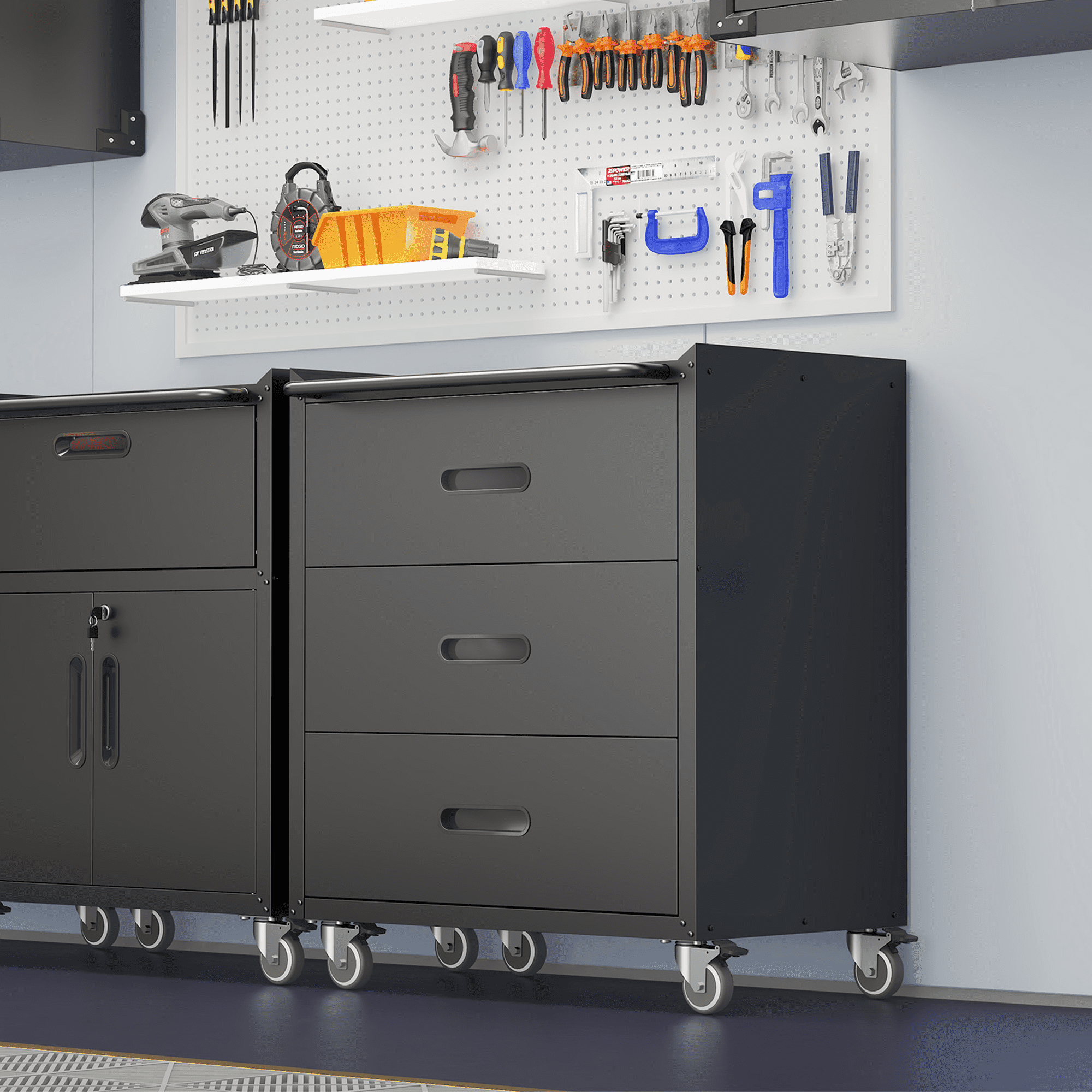 IKIMI 8-Piece Heavy Duty Garage Cabinet System with Workbench, Lockable Steel Storage Cabinets (Black, 8-Piece Set) ysc7z