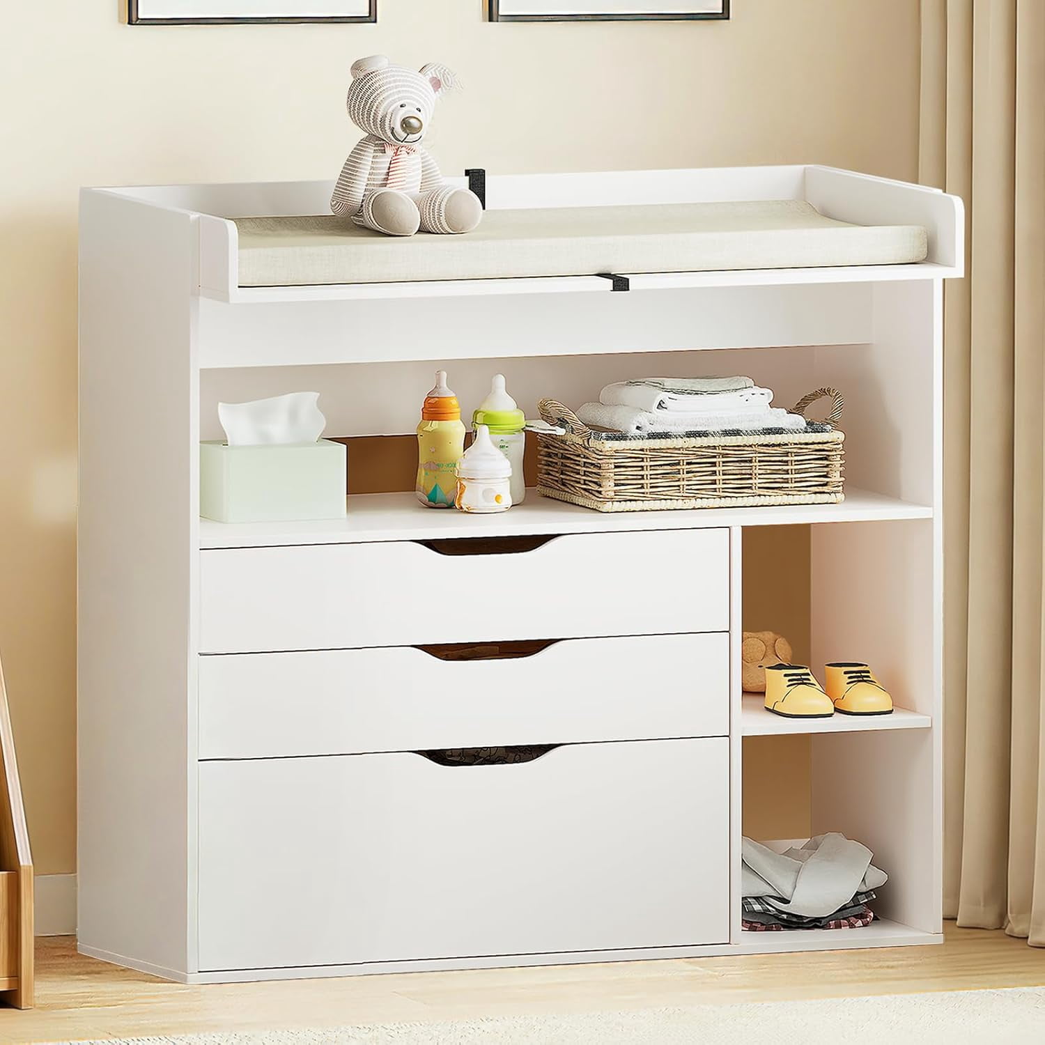 Linor Baby Changing Table Dresser with 3 Drawers and 3 Storage Shelves (White, 34.3 in x 18.5 in x 34.5 in) lfr9j