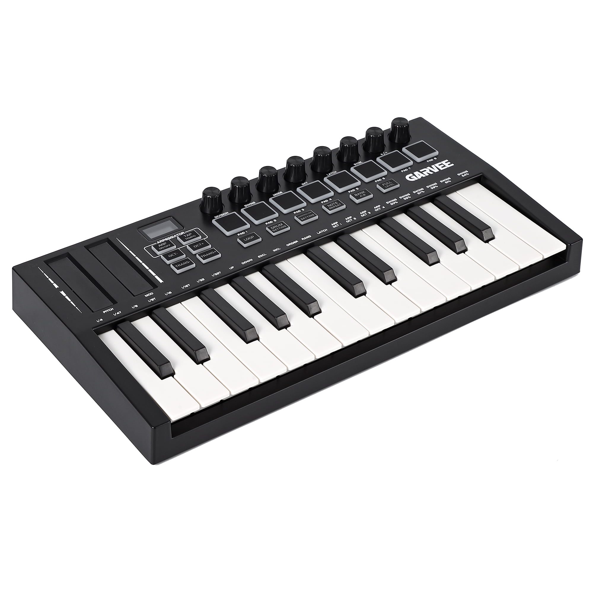 Peparins 25-Key MIDI Keyboard Controller, Compact USB DAW Integrated Music Production Keyboard with 8 Drum Pads and OLED Display (Black, 25-Key) 9pea8