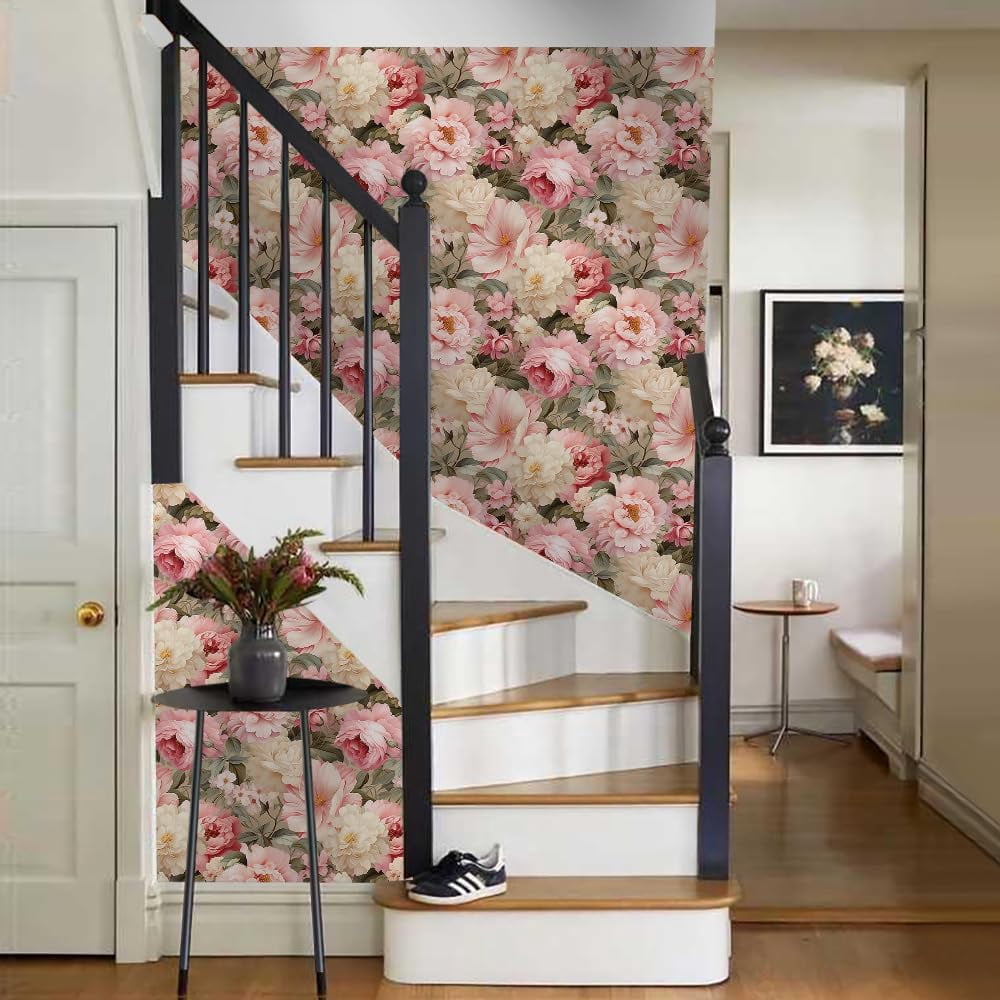 Usachibb Vintage Peony Floral Peel and Stick Wallpaper, Self-Adhesive Removable Wall Decor (Pink, 17.7 in x 118.1 in) qsd65