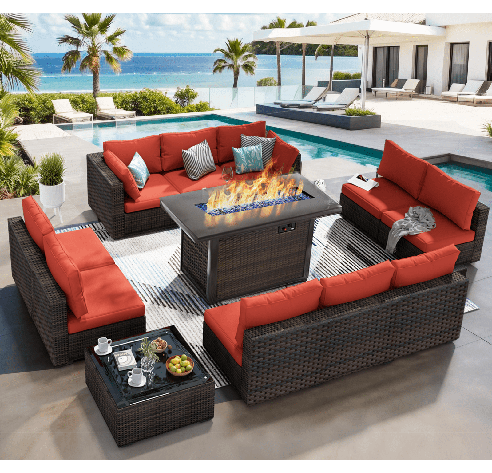 GREZONE 12-Piece Outdoor Patio Furniture Set with 43 in 55000 BTU Gas Propane Fire Pit Table and Rattan Wicker Sectional (Red) clrfx