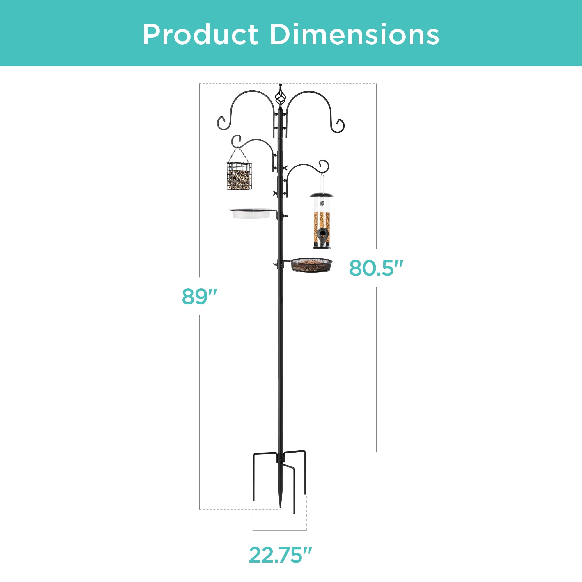 Best Choice Products 91 in Bird Feeding Station with 4 Hooks, Steel Multi-Feeder Stand, Bird Bath, and Tray (Black, 91 in) euwwb