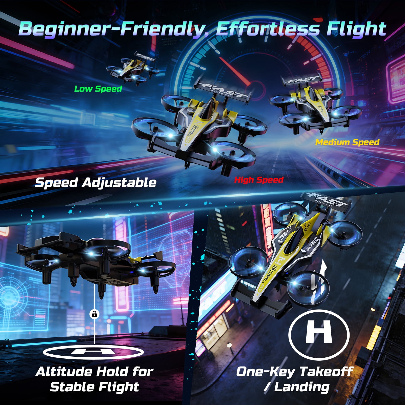 WEFONE ZF24 2-in-1 RC Drone and Stunt Car, Remote Control Vehicle with 3-Speed Mode and 360° Flips (Yellow, 2-Pack Battery) 5rlud