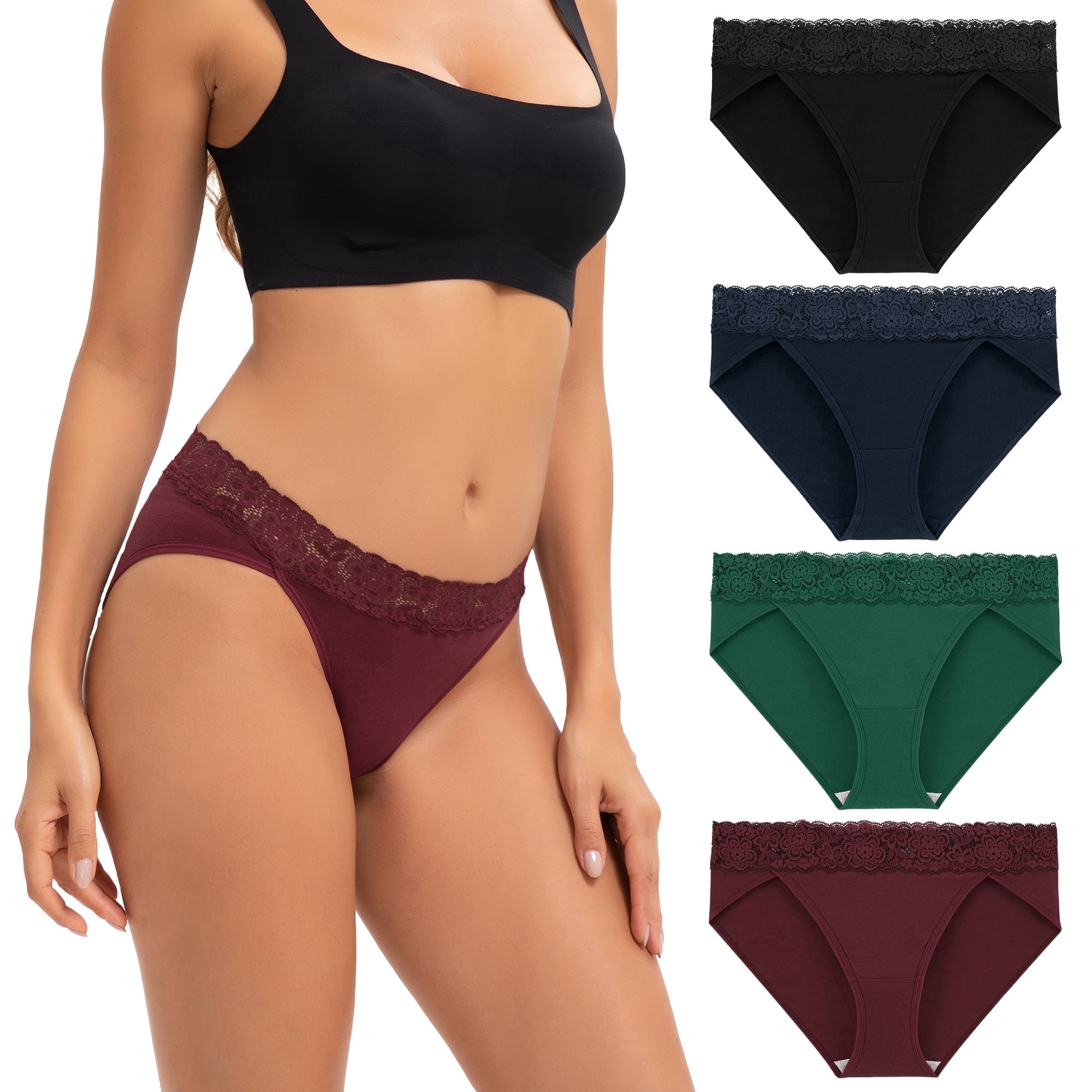 INNERSY Women’s High Cut Lace Bikini Panties Soft Cotton Underwear (Classic, Large, 4-Pack) bnco1