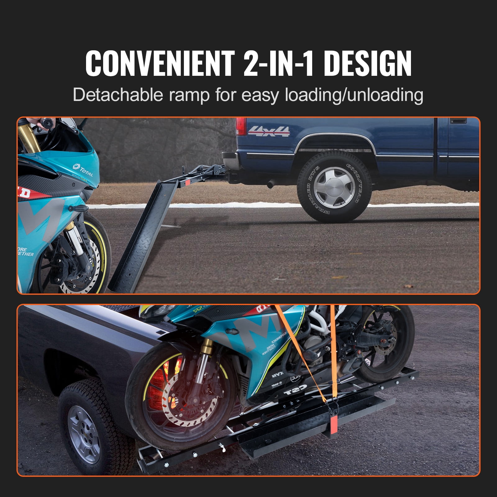 KFFKFF Steel Motorcycle Hitch Carrier, Heavy-Duty Transport Rack with Loading Ramp, Tie-Down Straps & Stabilizer (600 lb Capacity, 2 in Hitch Receiver) 5k3ry