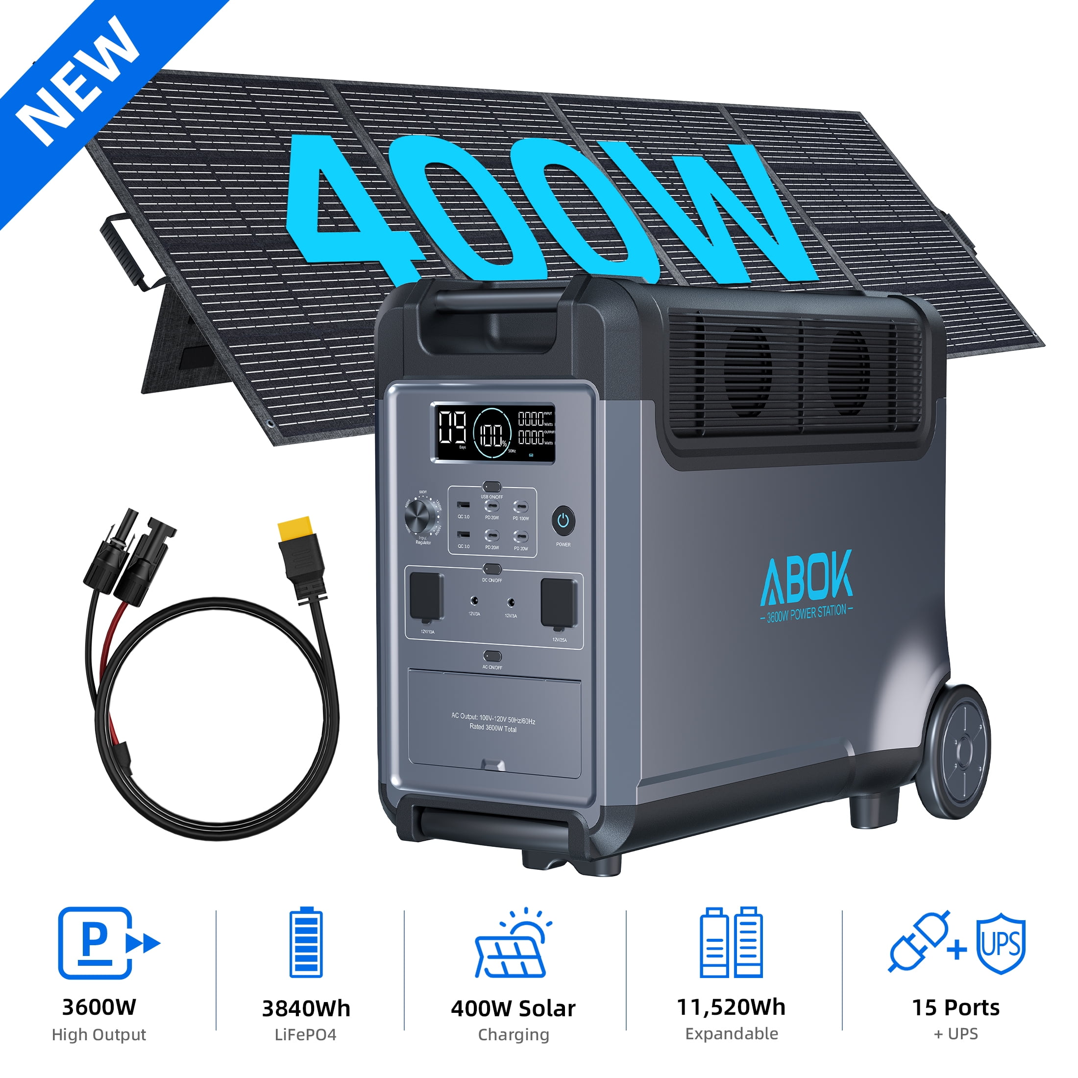 ABOK 3600W Portable Power Station with 400W Solar Panel, LiFePO4 Solar Generator for Home Backup and RV (3840Wh) nz3ds