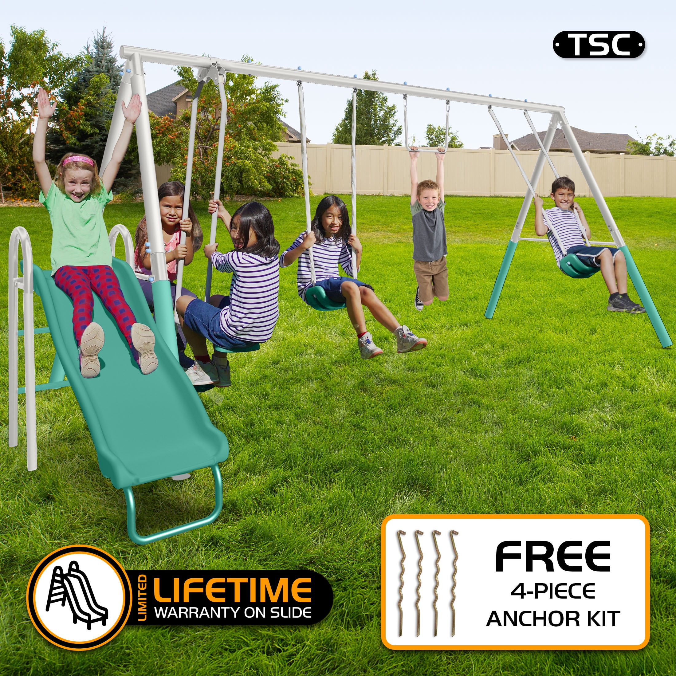 The Swing Company Yonkers Metal Swing Set with Glide Ride Trapeze Bar and 5 ft Slide (Green, 133.2 in L x 99.6 in W x 73.2 in H) bx4vy