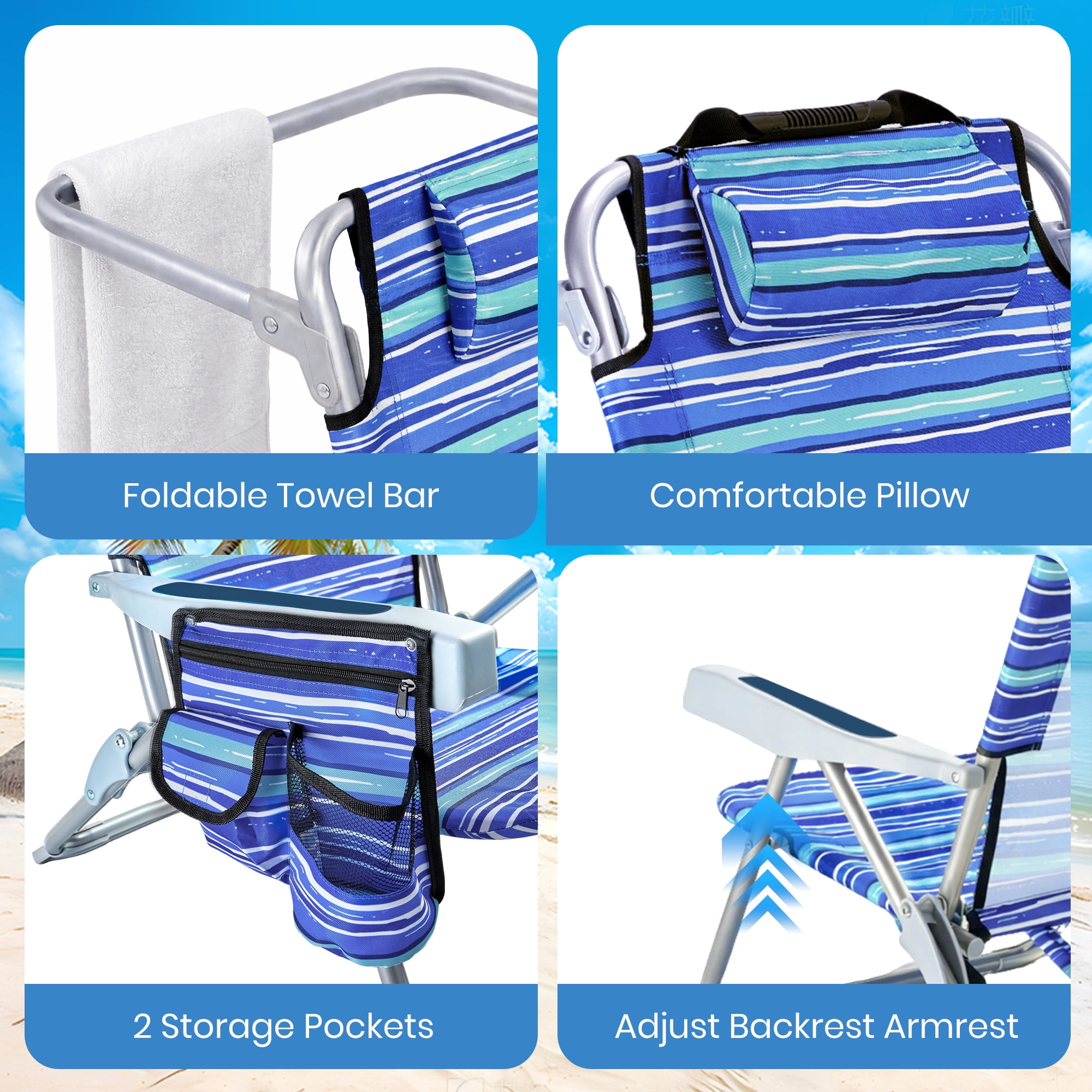 GVDV Portable Folding Beach Chair Set, 4-Position Adjustable Reclining Outdoor Seat with Cup Holder and Towel Bar (Blue, 2-Pack) s4l63
