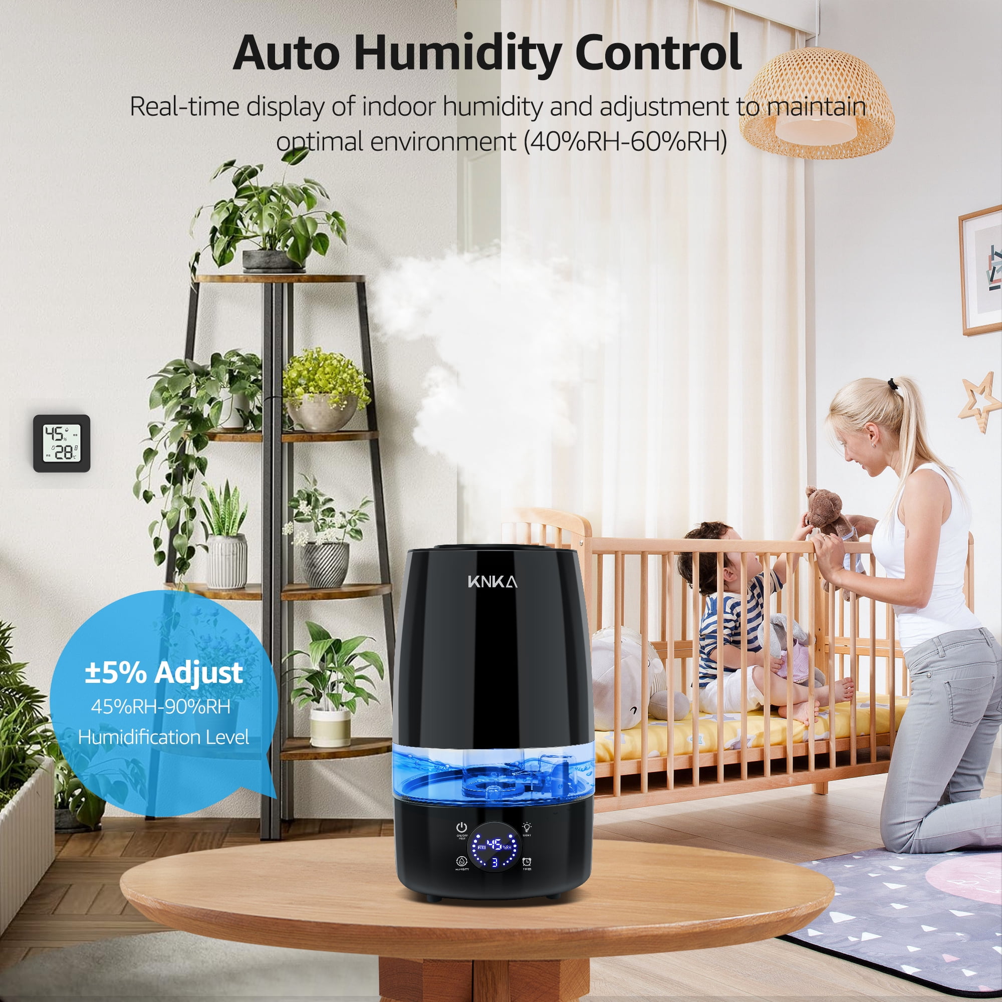 KNKA Ultrasonic Humidifier for Large Rooms, Essential Oil Diffuser with Auto Humidity Control (Black, 1.19 gal) u3yq2