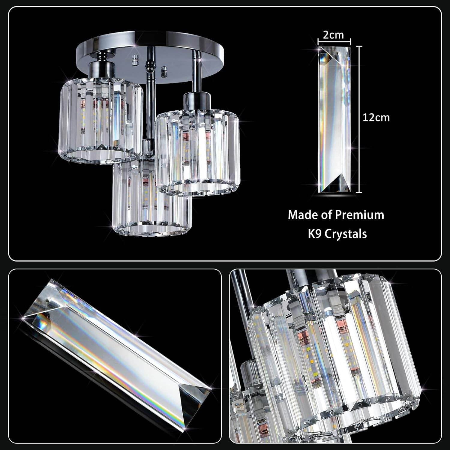 PuppyCheer 3-Light Semi Flush Mount Ceiling Fixture, Modern Crystal Chandelier for Kitchen Hallway Bedroom (Clear, 10.6 in H x 10.2 in W) za8lr