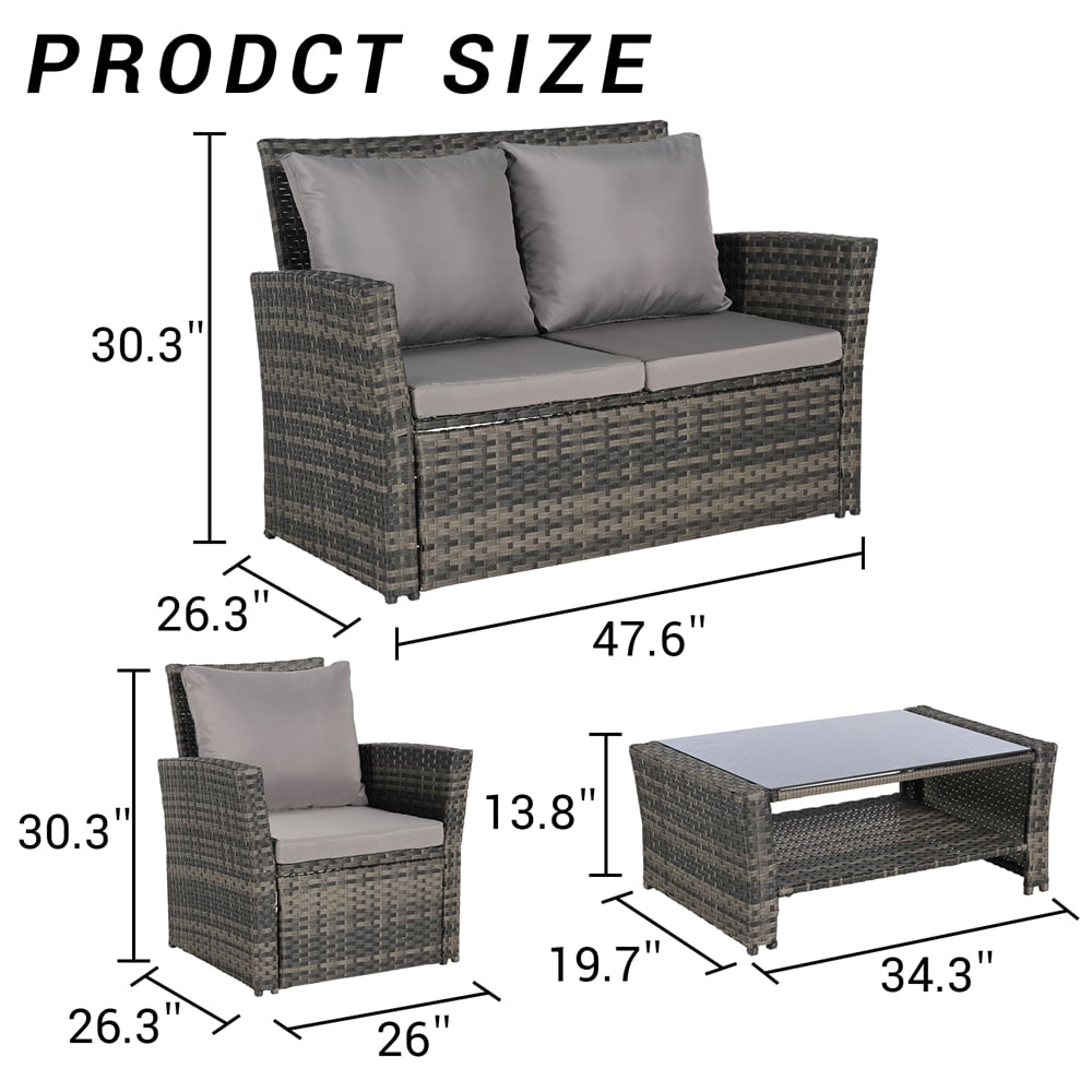 Aminy 4-Piece Patio Conversation Set, Outdoor Rattan Wicker Sofa Furniture with Cushions and Coffee Table (Gray, 4-Piece Set) llmlh