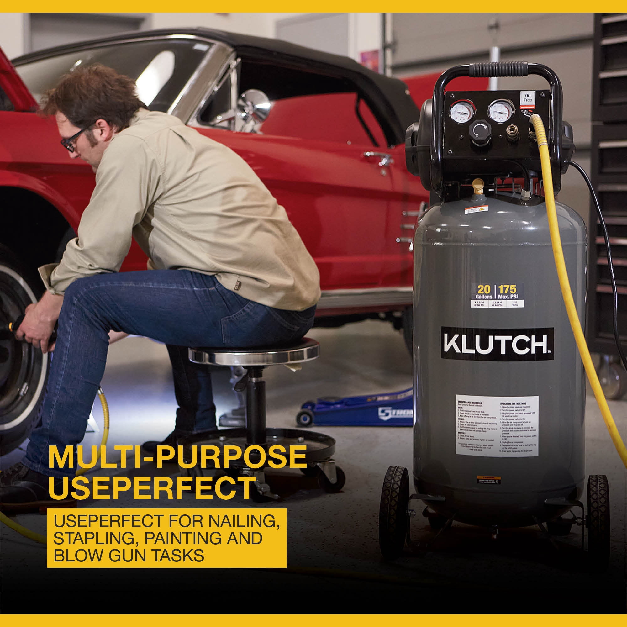 Klutch 20-Gallon Air Compressor (2 HP, 120 Volts, 175 PSI, Grey) ahkbe