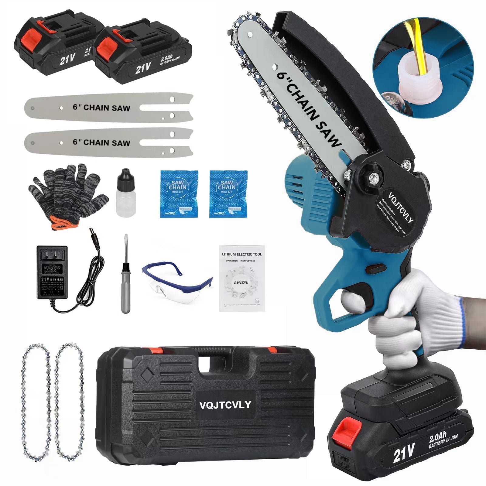 Euur 6 inch Cordless Mini Chainsaw Set with 2 Batteries and 2 Chains (Blue, 6 in) 03pt6