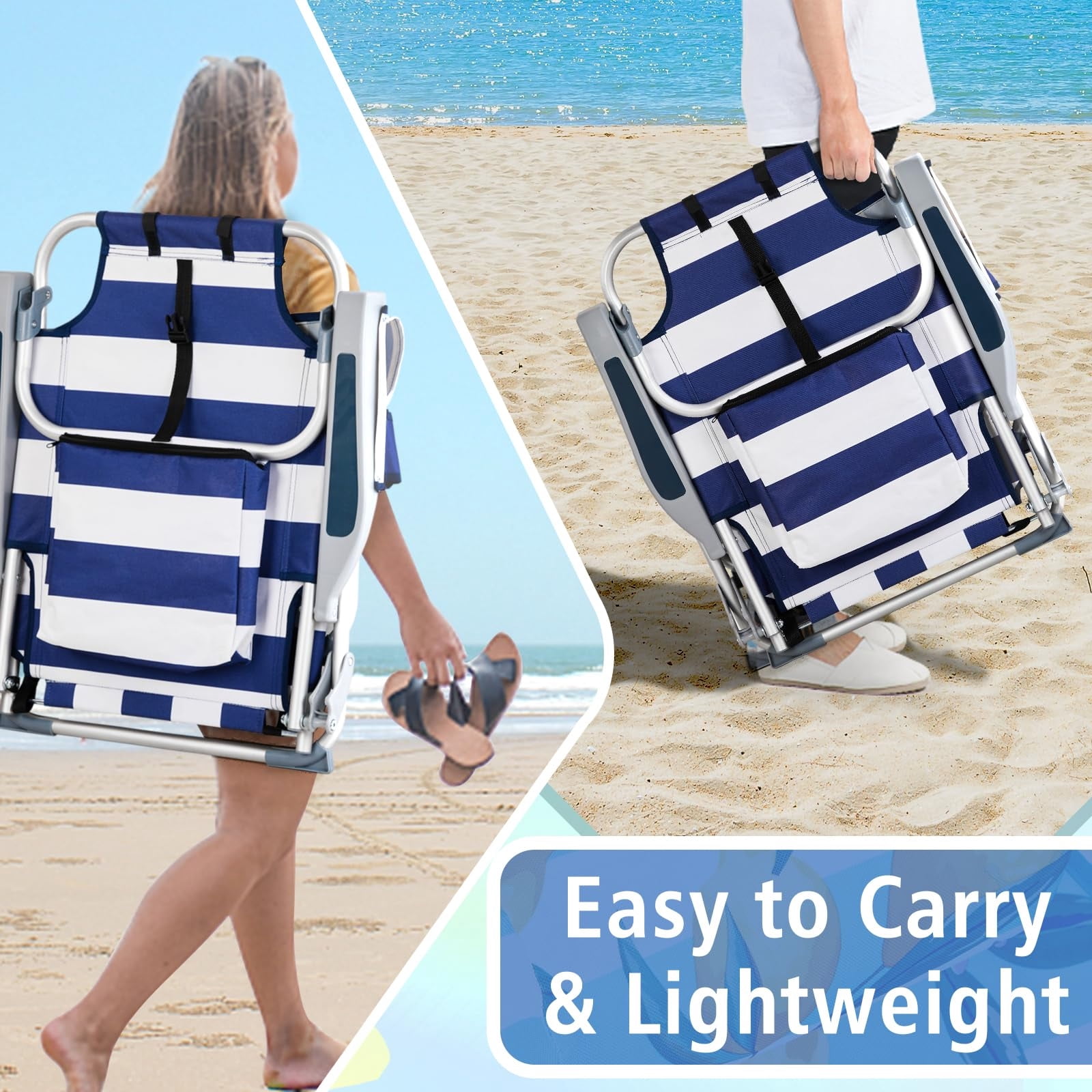 ECommerce,LLC Backpack Beach Chair, 5-Position Reclining Folding Chair with Cooler and Storage Pouch (Blue and White, 7.3 lb) 3fiwj