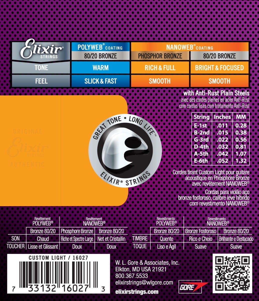 Elixir Strings Phosphor Bronze Acoustic Guitar Strings (Custom Light, 0.011-0.052 in) 1fdiy