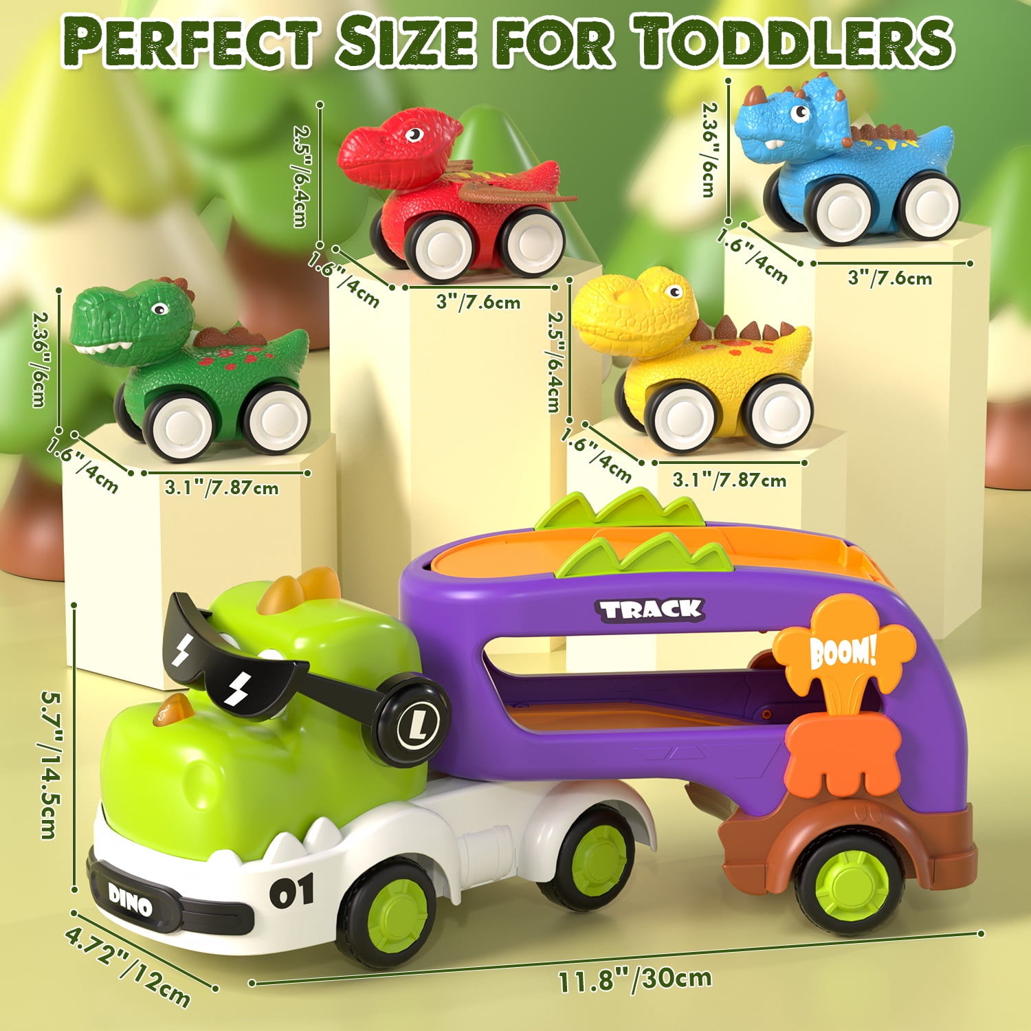 KWANITHINK Dinosaur Carrier Truck Toy Set with Lights and Sounds, Pull Back Mini Cars for Toddlers (Green, 12.38 in x 4.72 in x 5.31 in) fv1xm